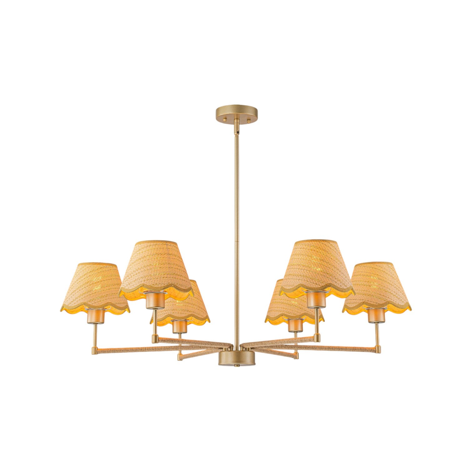 Glowlings 6-Light French Large Hand-Finished Fabric Oatmeal Scalloped Linen Wagon Wheel Chandelier