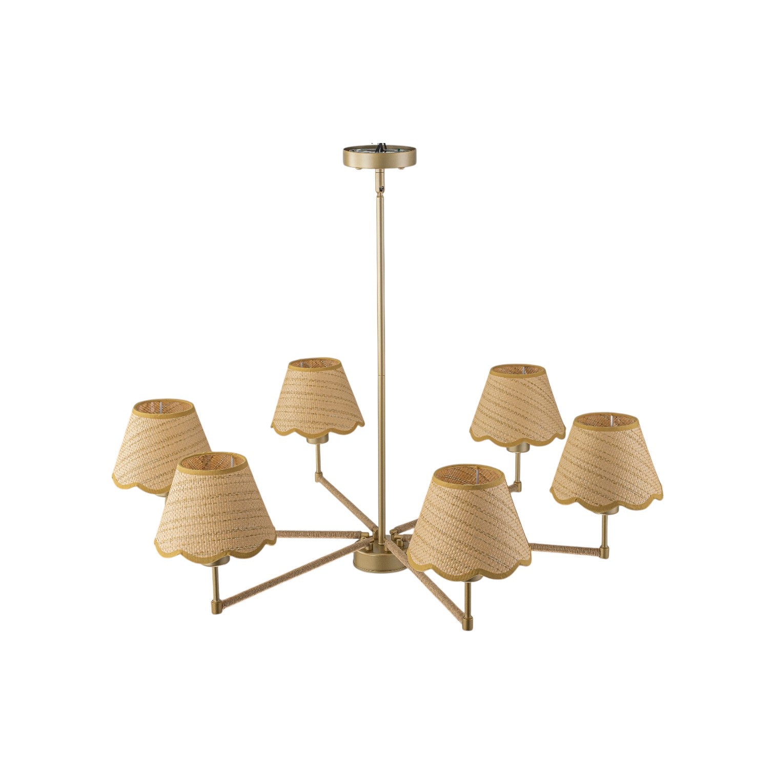 Glowlings 6-Light French Large Hand-Finished Fabric Oatmeal Scalloped Linen Wagon Wheel Chandelier