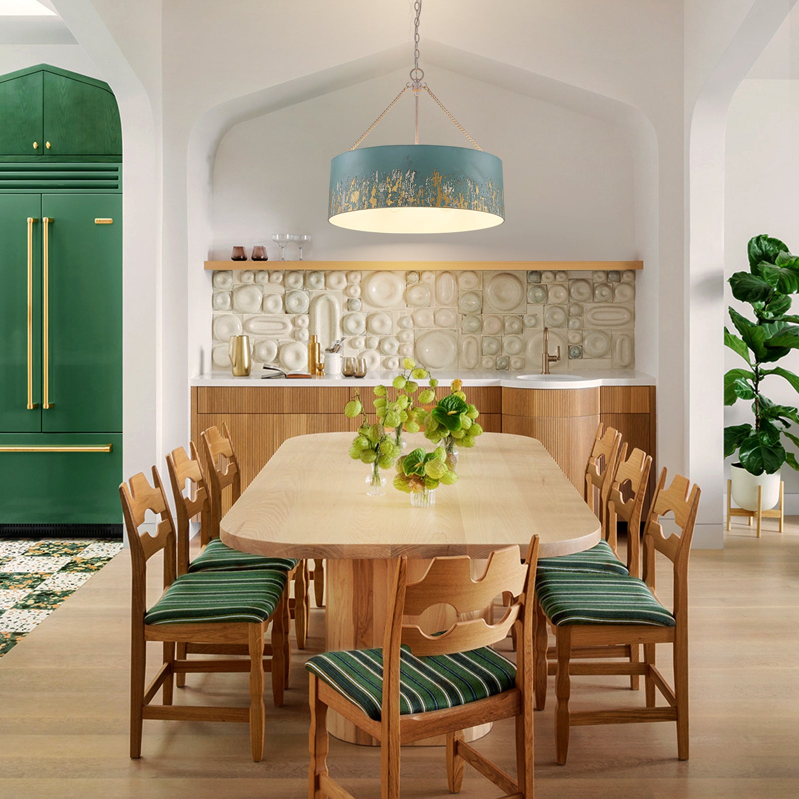 Glowlings 6-Light Industrial 24"Wide Matte Black/Blue Antique Gold Distressing Drum Pendant Light