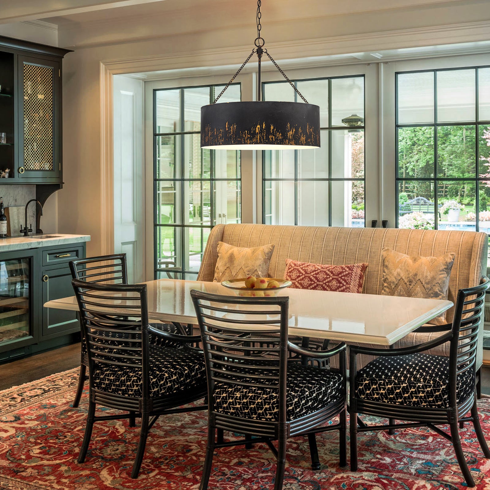 Glowlings 6-Light Industrial 24"Wide Matte Black/Blue Antique Gold Distressing Drum Pendant Light