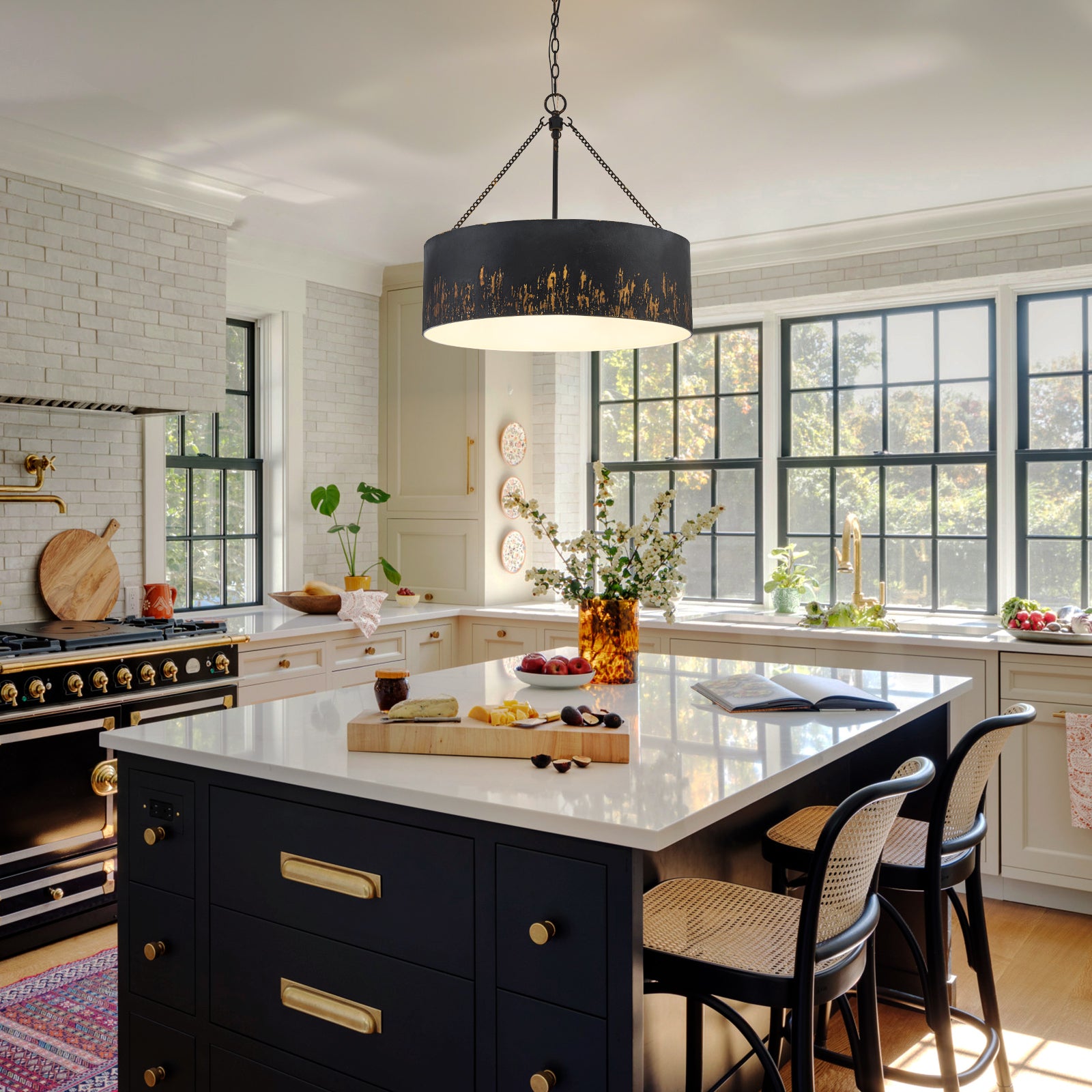 Glowlings 6-Light Industrial 24"Wide Matte Black/Blue Antique Gold Distressing Drum Pendant Light