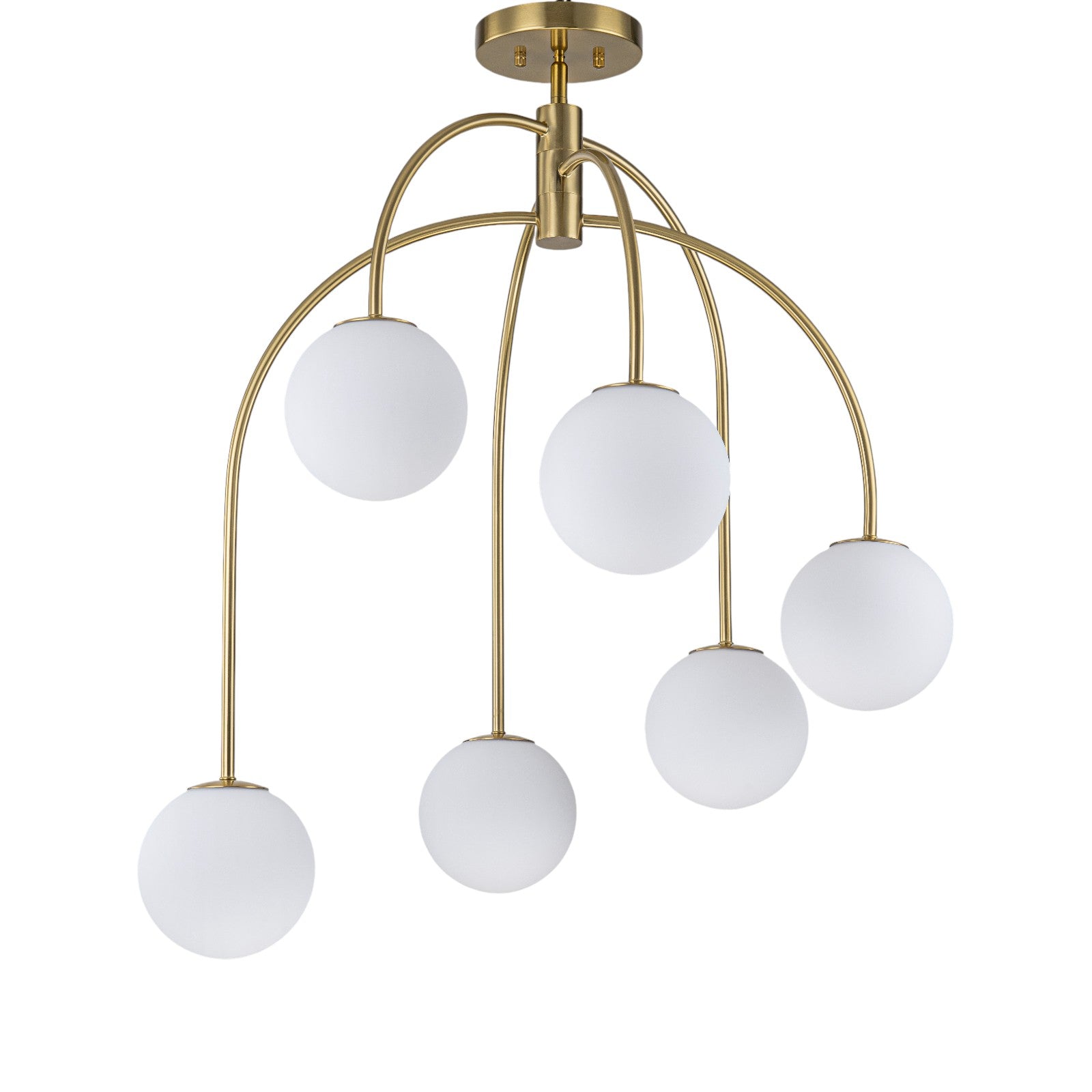 Glowlings 6-Light Mid-Century Modern 27"Wide Brass Globe Opal Glass Semi-Flush Mount