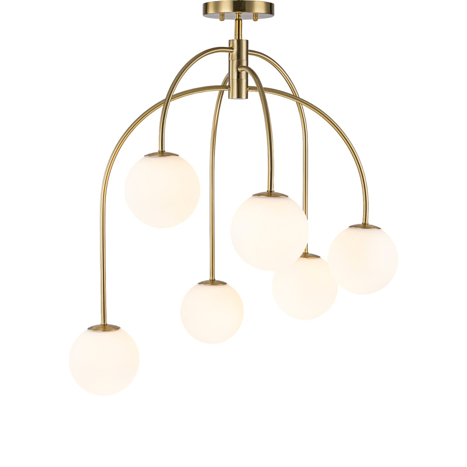 Glowlings 6-Light Mid-Century Modern 27"Wide Brass Globe Opal Glass Semi-Flush Mount