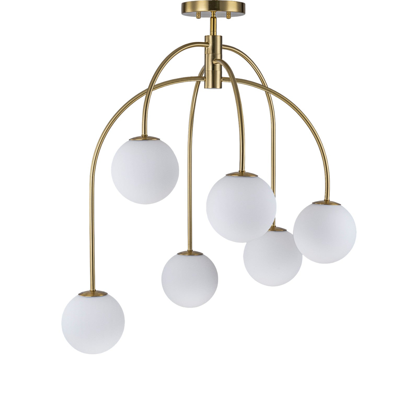 Glowlings 6-Light Mid-Century Modern 27"Wide Brass Globe Opal Glass Semi-Flush Mount