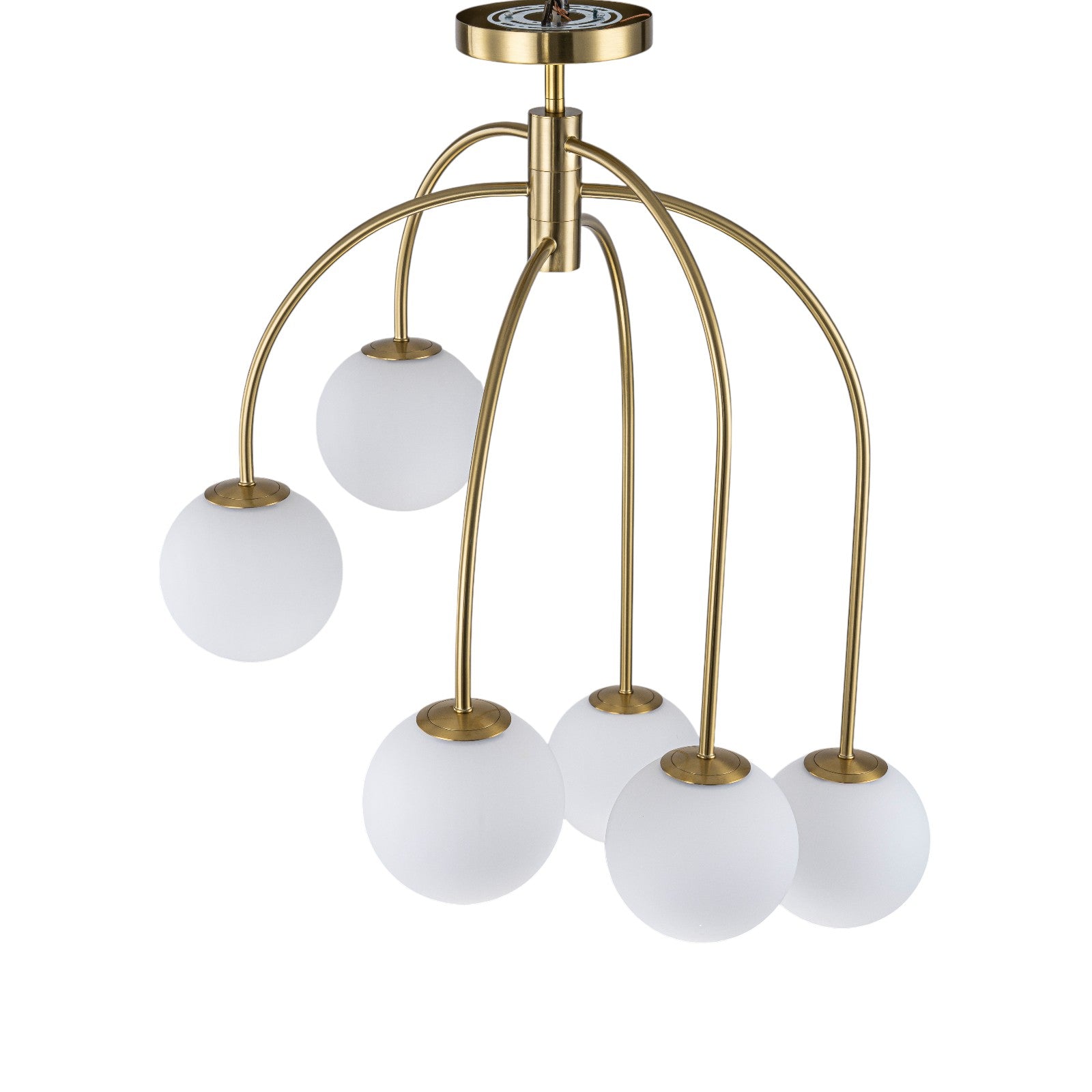 Glowlings 6-Light Mid-Century Modern 27"Wide Brass Globe Opal Glass Semi-Flush Mount