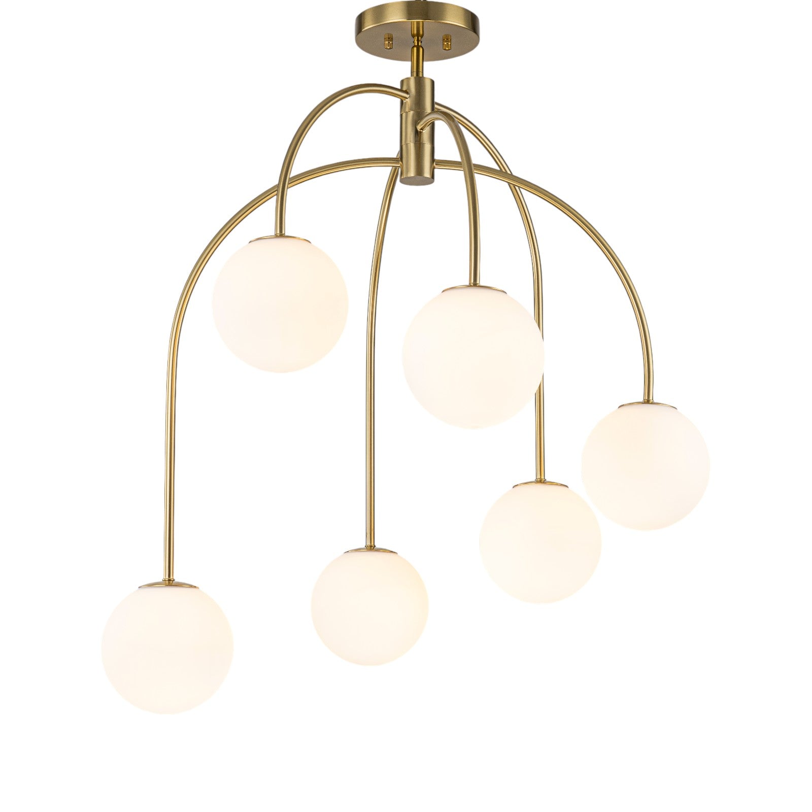 Glowlings 6-Light Mid-Century Modern 27"Wide Brass Globe Opal Glass Semi-Flush Mount