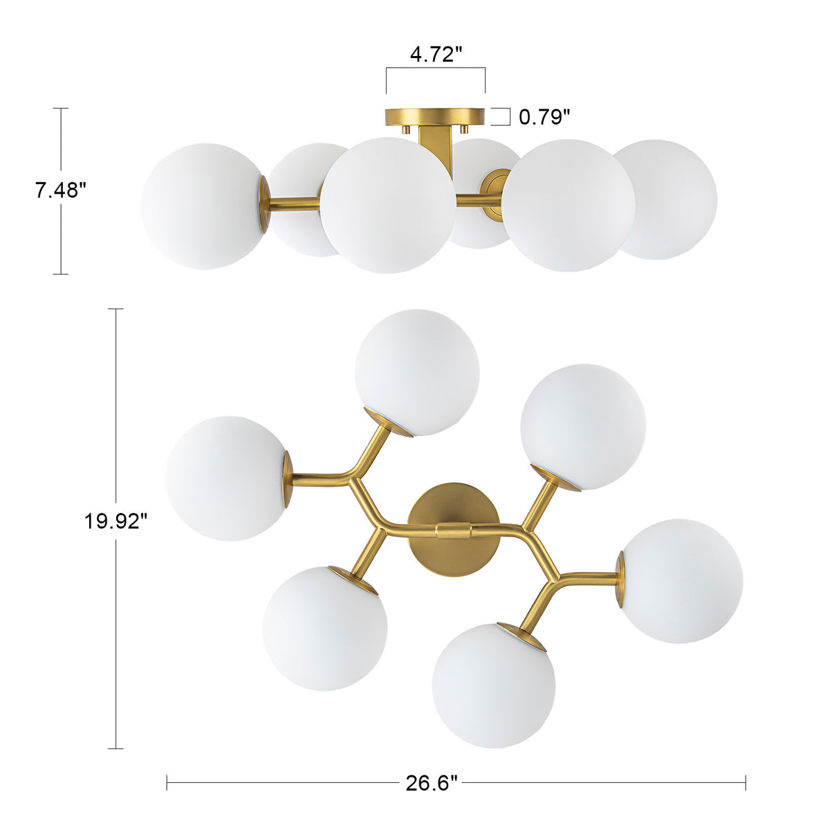 Glowlings Mid-Century Modern 6-Light Brass Globe Vanity Light, Brushed Gold Semi-Flush Mount with Opal Glass Shade