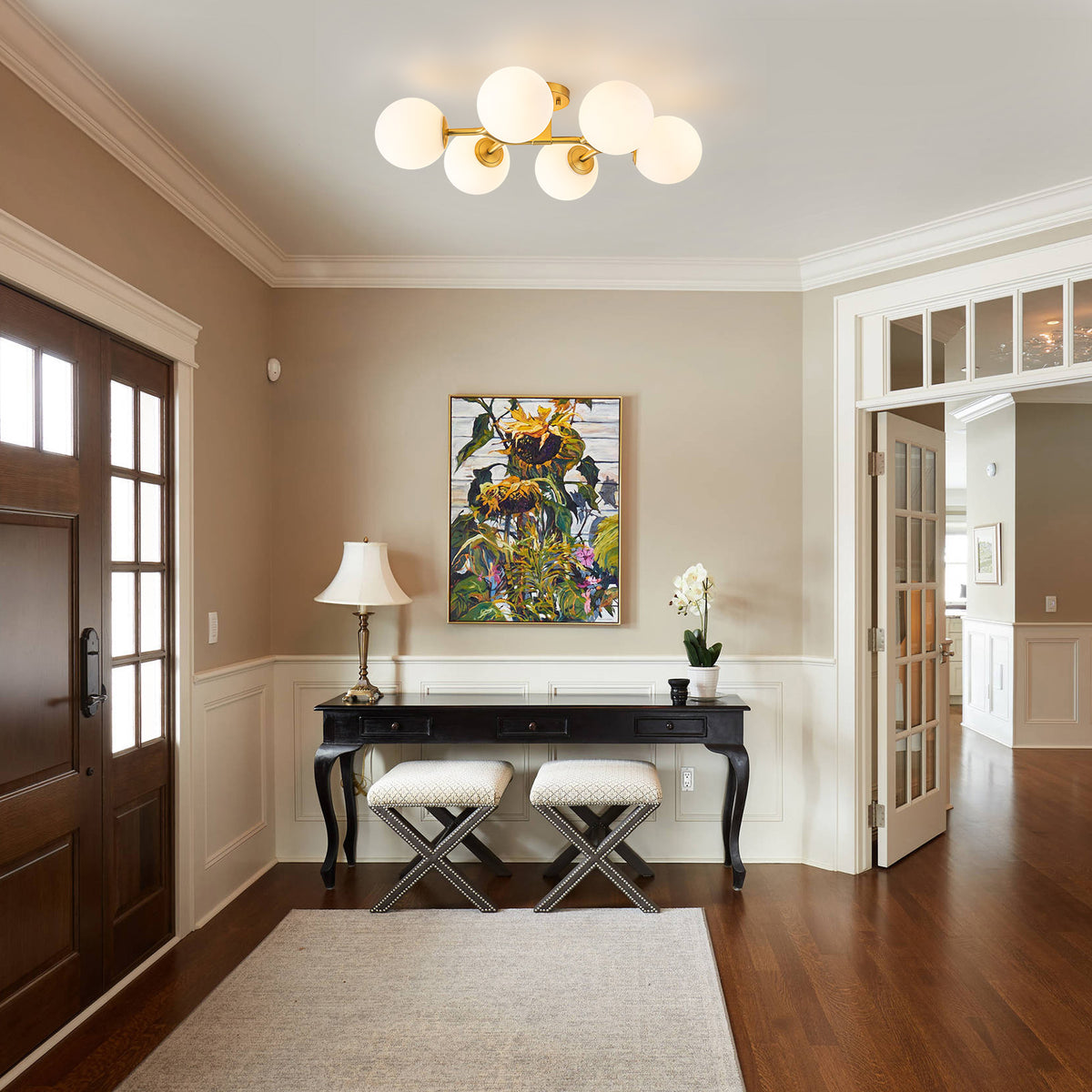 Glowlings Mid-Century Modern 6-Light Brass Globe Vanity Light, Brushed Gold Semi-Flush Mount with Opal Glass Shade