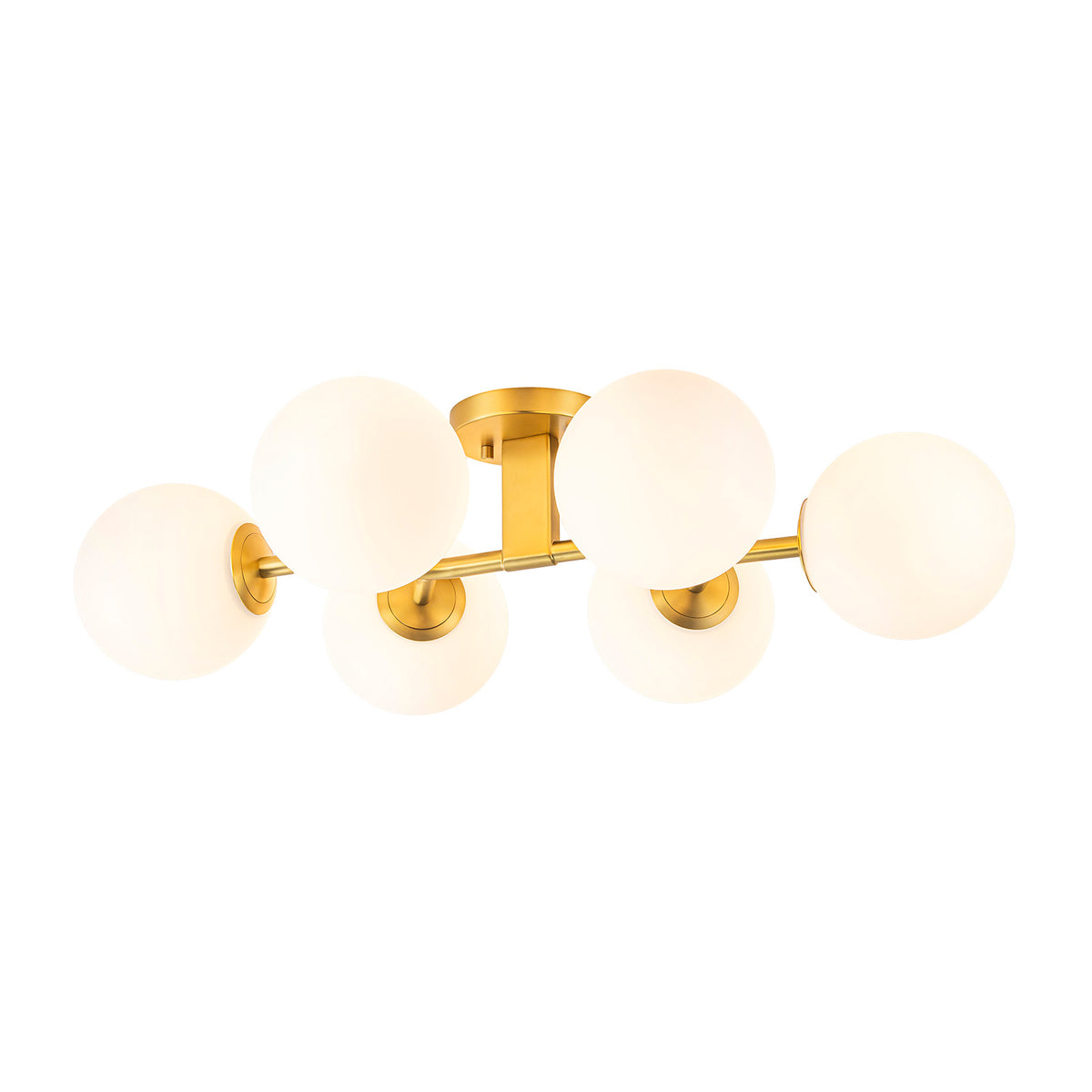 Glowlings Mid-Century Modern 6-Light Brass Globe Vanity Light, Brushed Gold Semi-Flush Mount with Opal Glass Shade