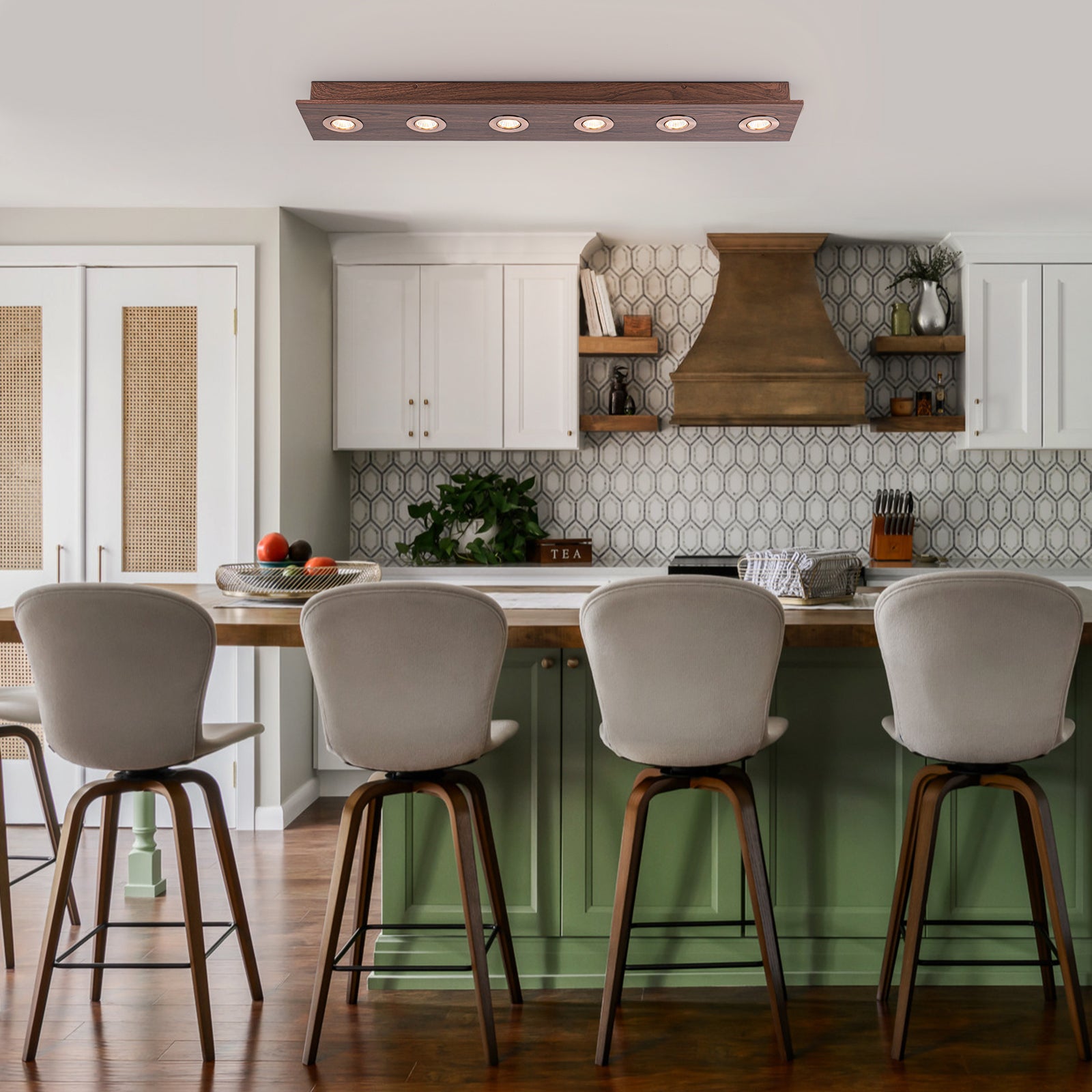 Glowlings 6-Light Modern 44"Wide Large Walnut Solid Wood Linear 5-CCT Switchable LED Flush Mount Track Directional Spotlight