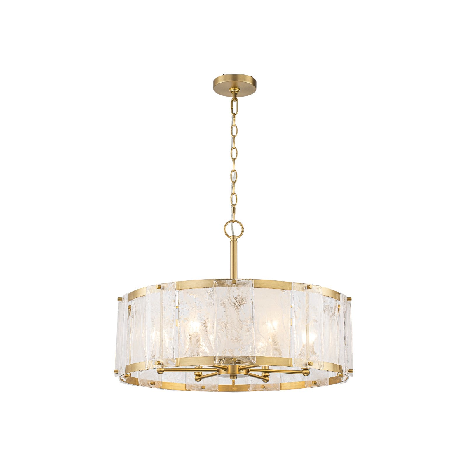 Glowlings 6-Light Modern 24"Wide Brass Drum Chandelier with Clear Cloud Textured Glass Panels