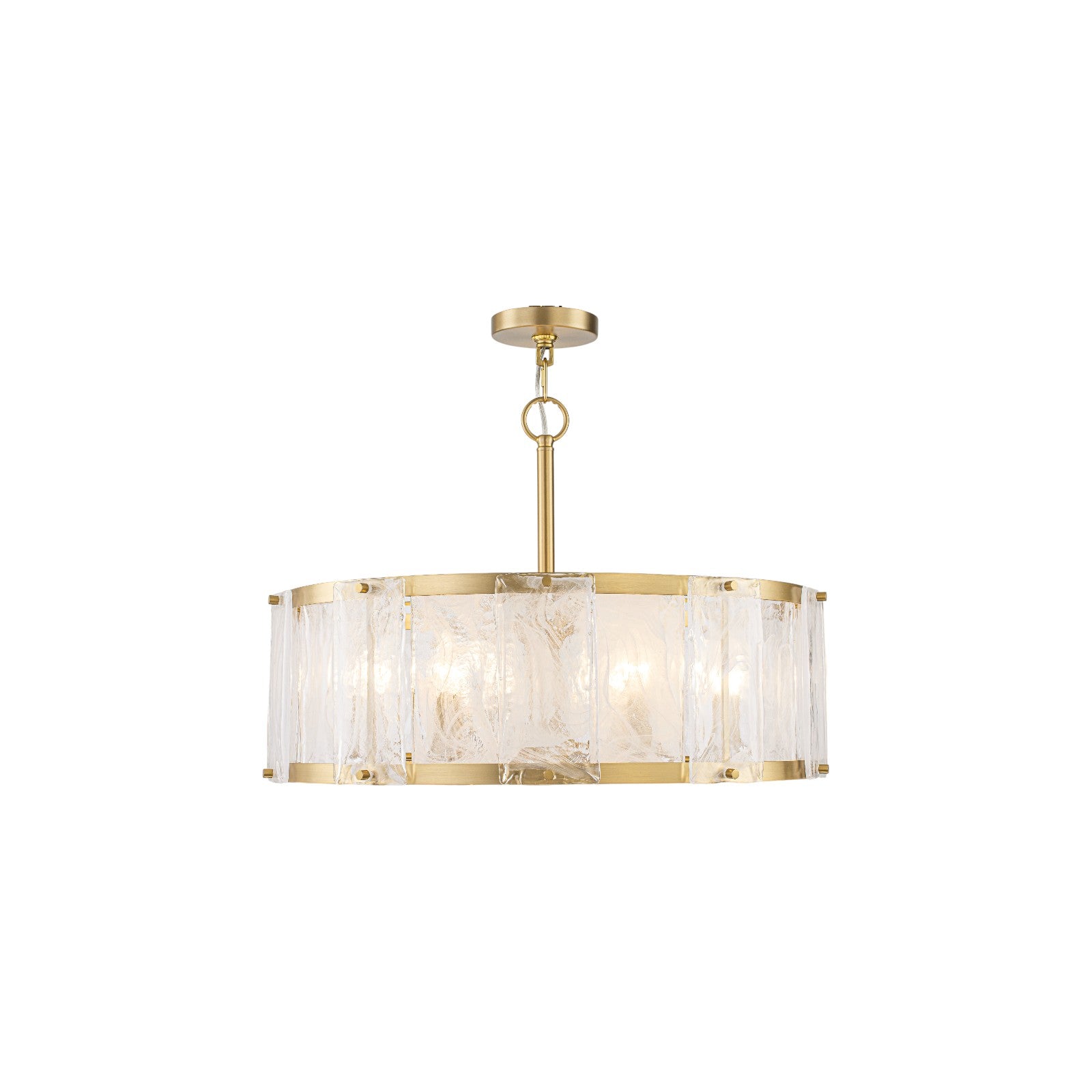 Glowlings 6-Light Modern 24"Wide Brass Drum Chandelier with Clear Cloud Textured Glass Panels