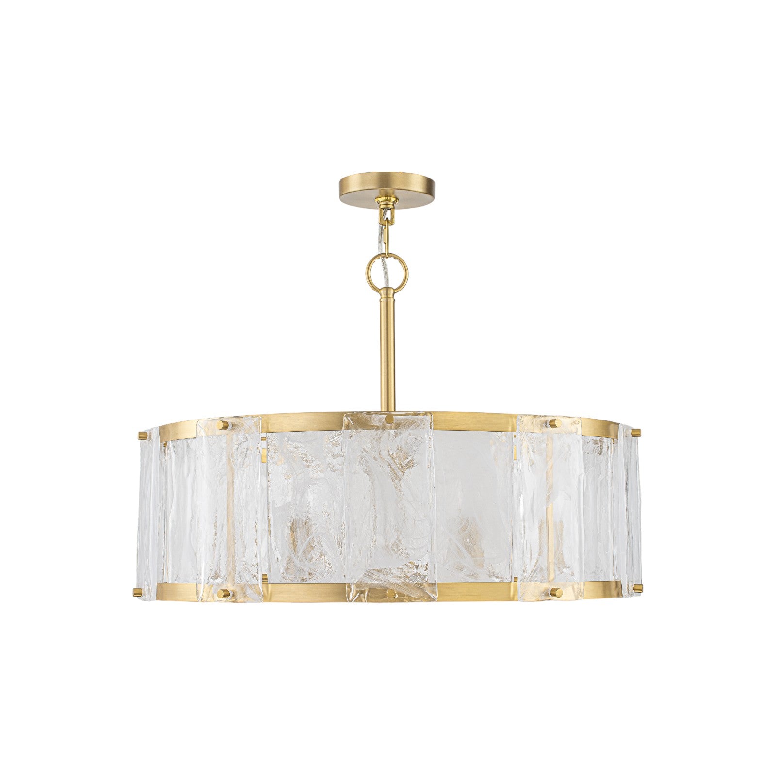Glowlings 6-Light Modern 24"Wide Brass Drum Chandelier with Clear Cloud Textured Glass Panels