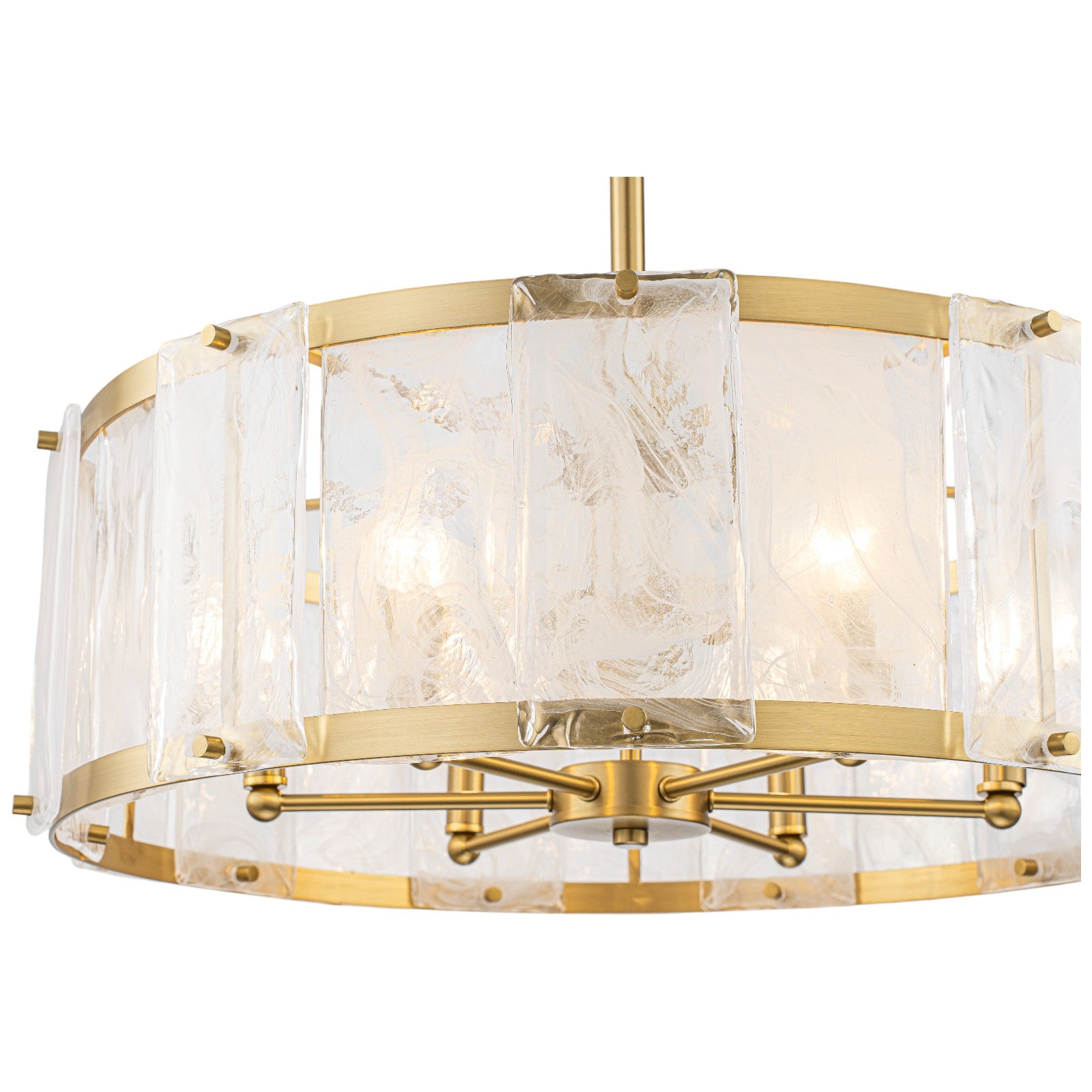 Glowlings 6-Light Modern 24"Wide Brass Drum Chandelier with Clear Cloud Textured Glass Panels