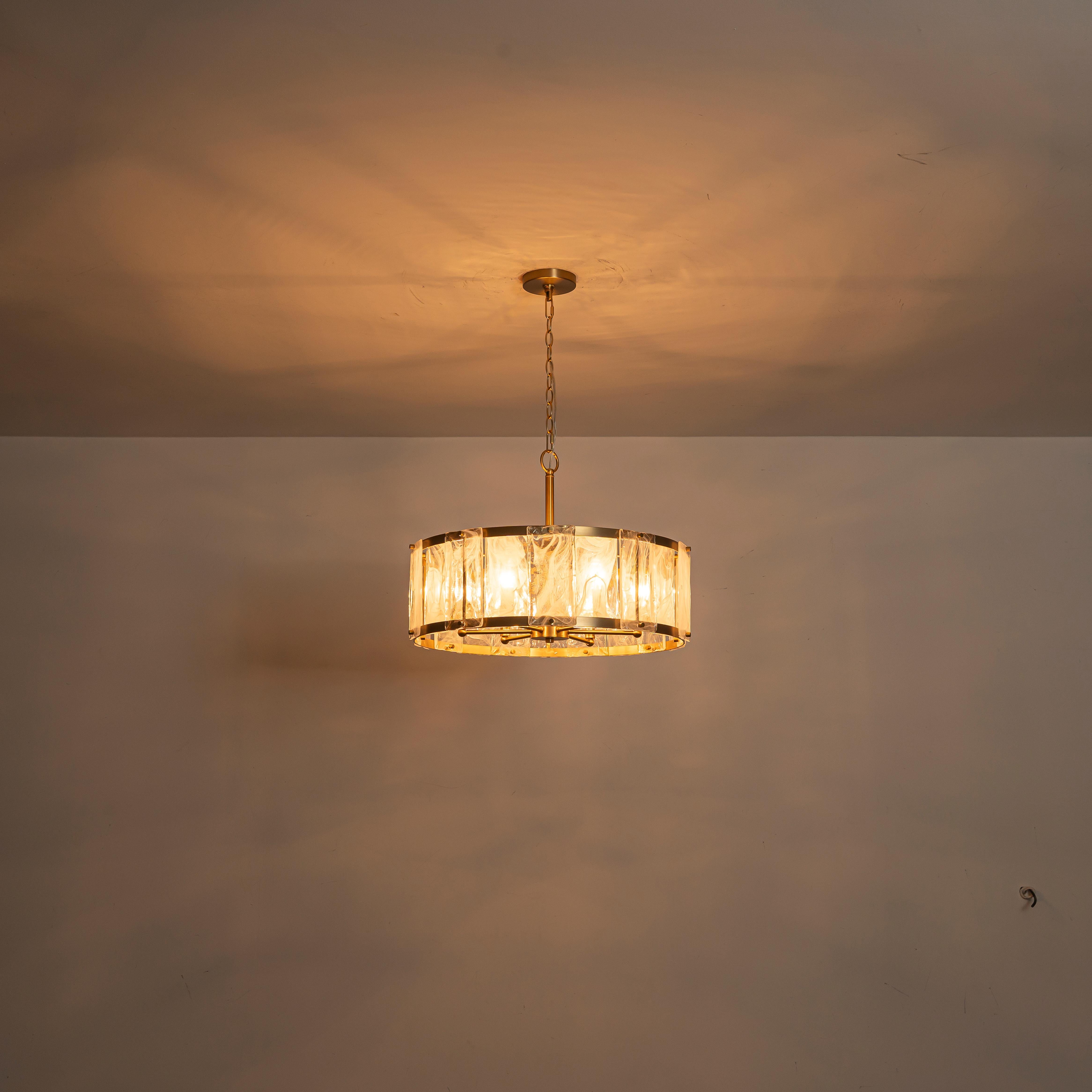 Glowlings 6-Light Modern 24"Wide Brass Drum Chandelier with Clear Cloud Textured Glass Panels