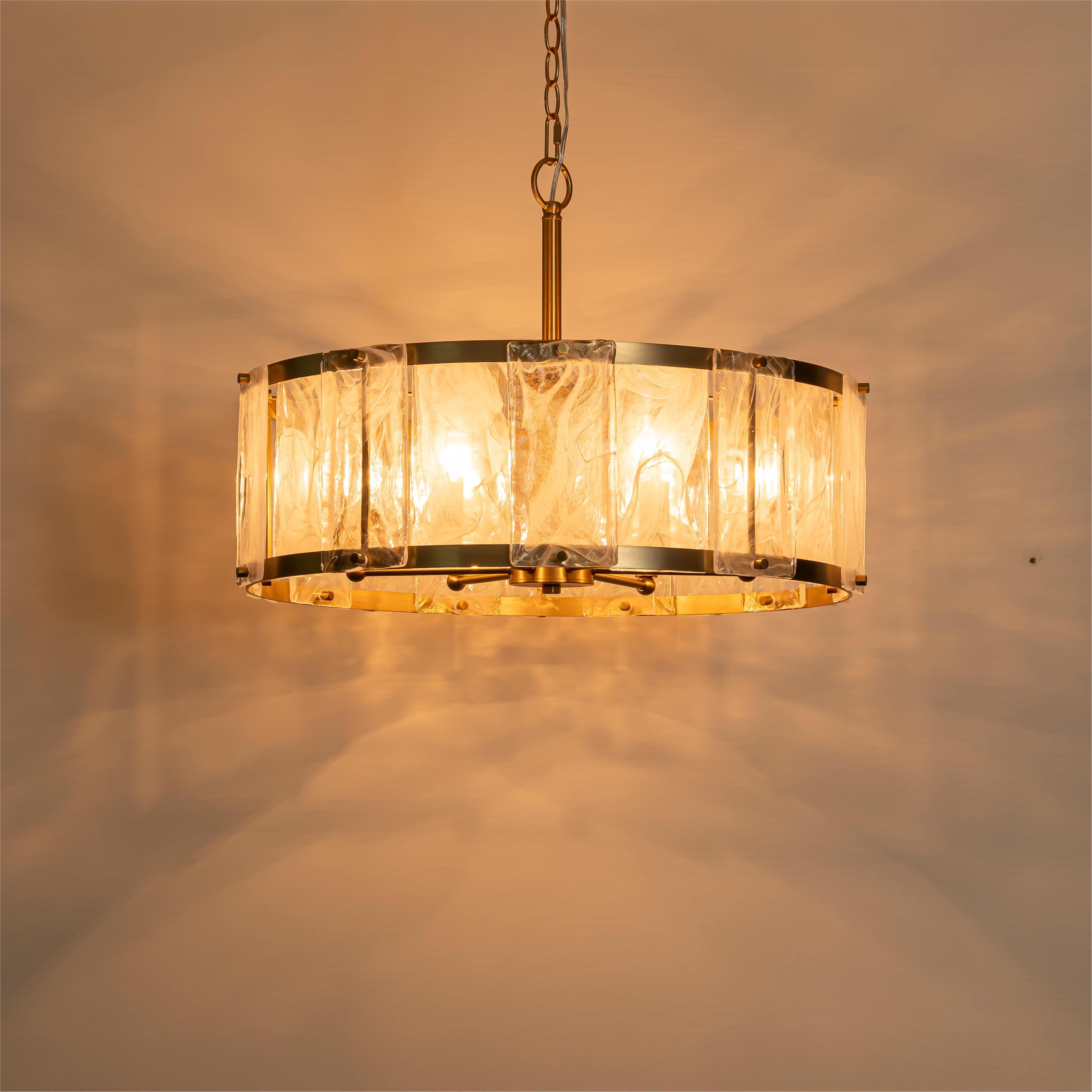 Glowlings 6-Light Modern 24"Wide Brass Drum Chandelier with Clear Cloud Textured Glass Panels
