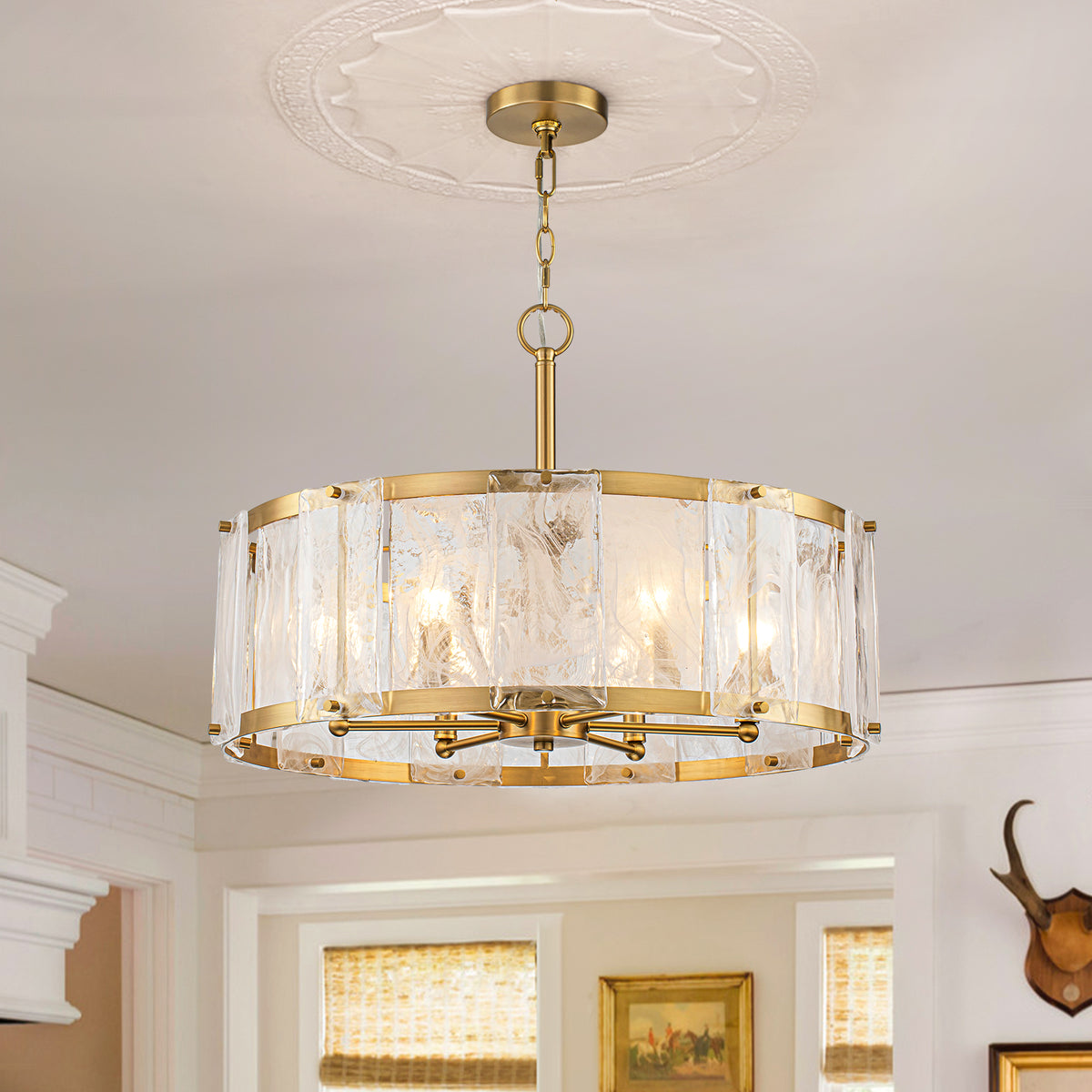 Glowlings 6-Light Modern 24"Wide Brass Drum Chandelier with Clear Cloud Textured Glass Panels