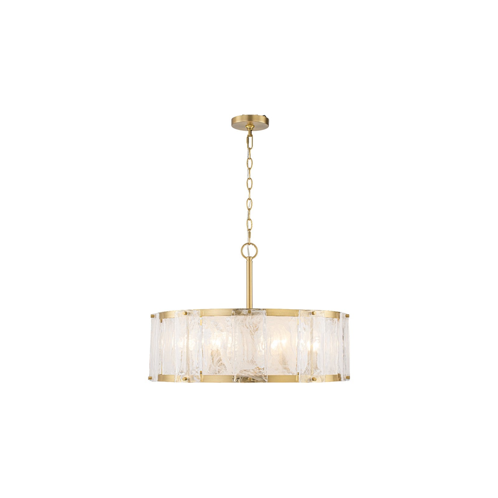 Glowlings 6-Light Modern 24"Wide Brass Drum Chandelier with Clear Cloud Textured Glass Panels