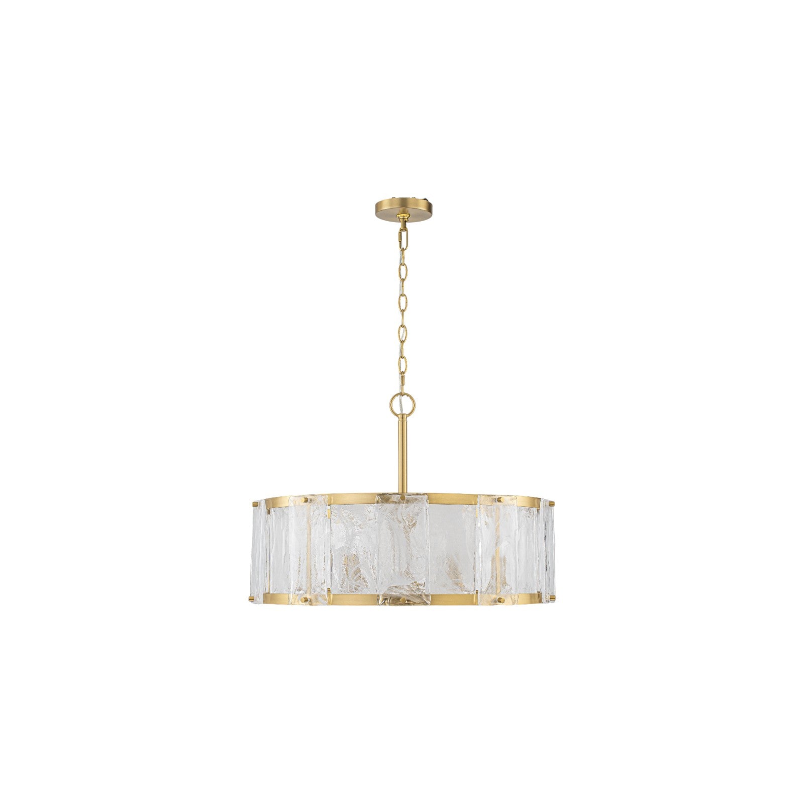 Glowlings 6-Light Modern 24"Wide Brass Drum Chandelier with Clear Cloud Textured Glass Panels