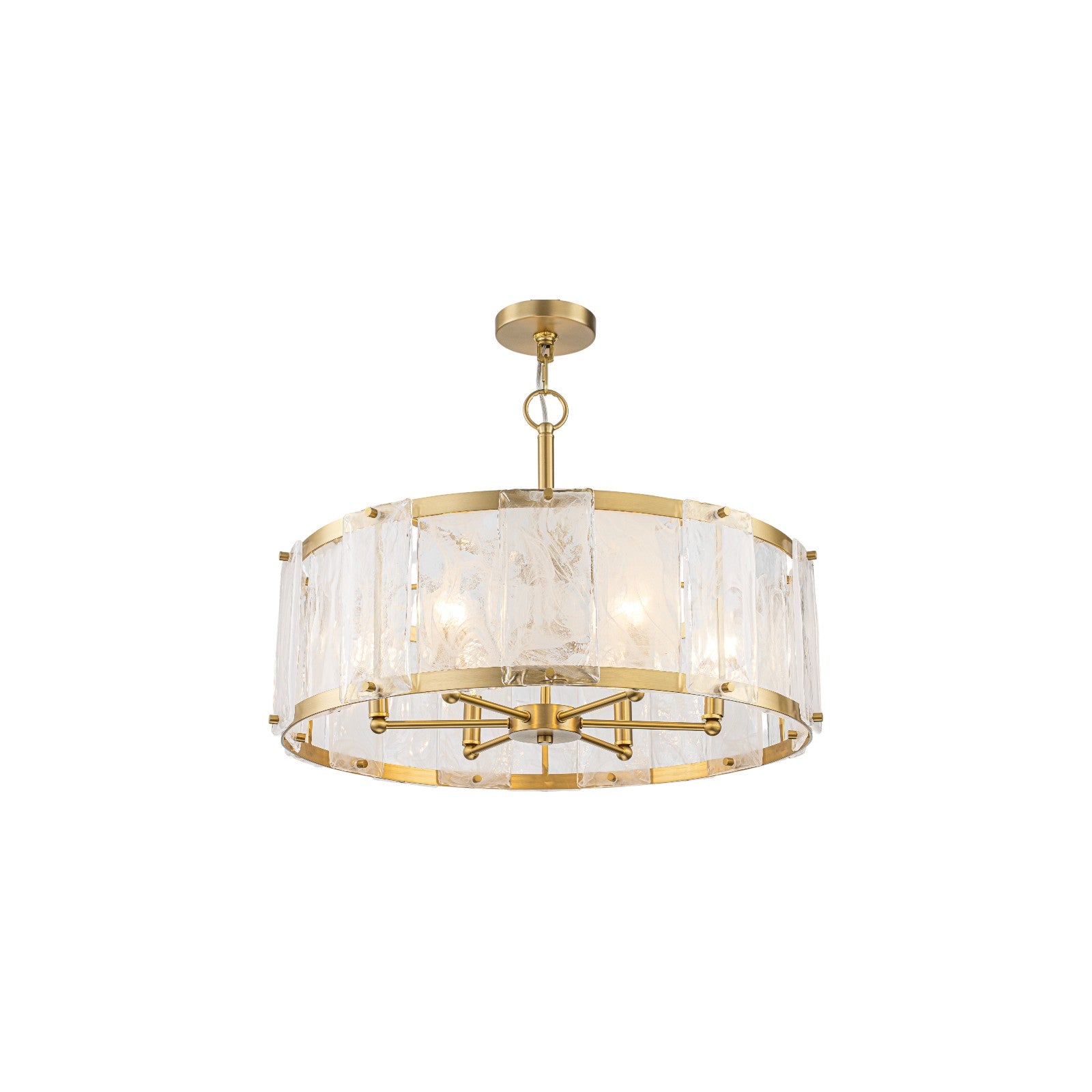 Glowlings 6-Light Modern 24"Wide Brass Drum Chandelier with Clear Cloud Textured Glass Panels