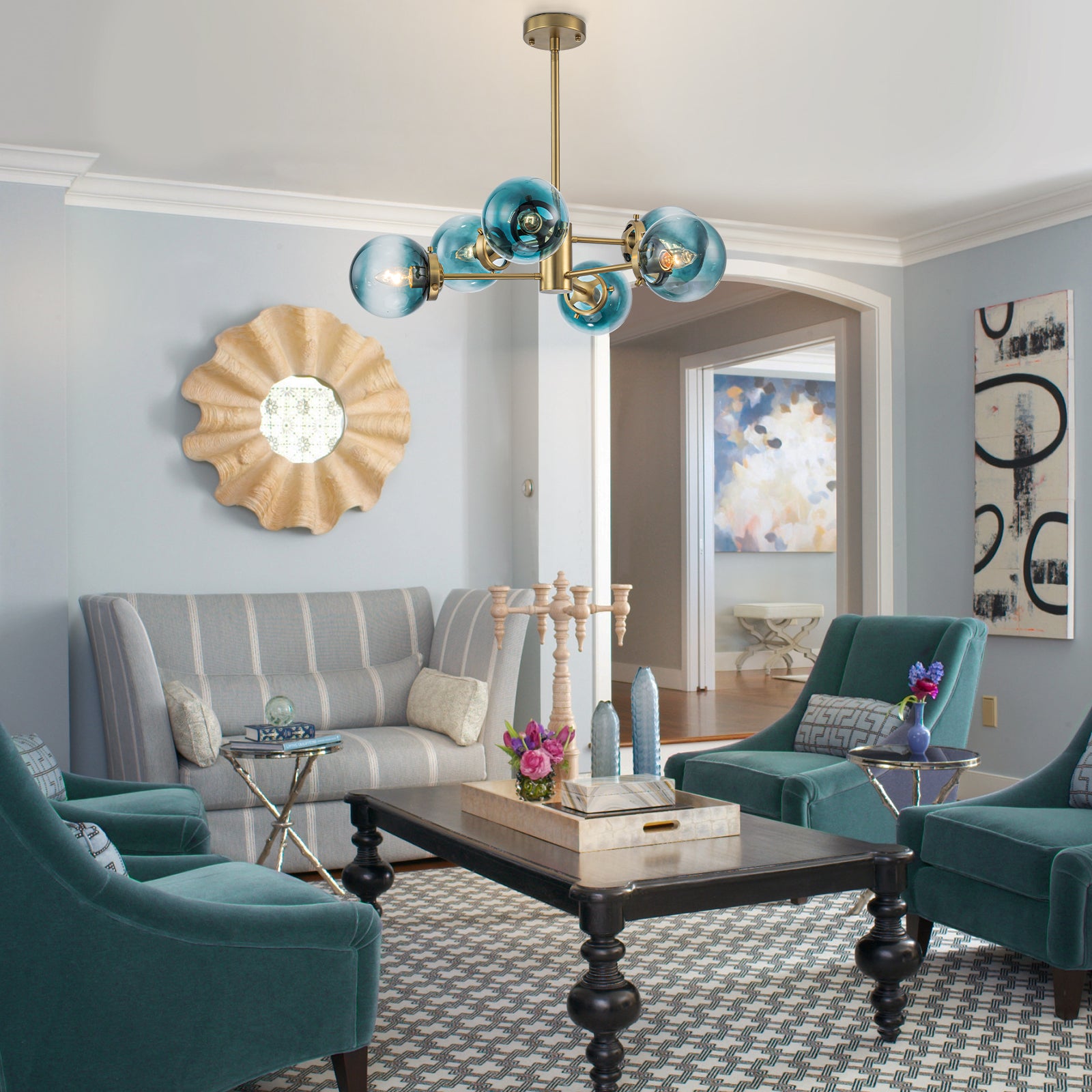 Glowlings 6/8-flammiger moderner großer linearer Sputnik-Kronleuchter aus Messing mit Farbverlauf und blauem Glas/halbbündige Montage