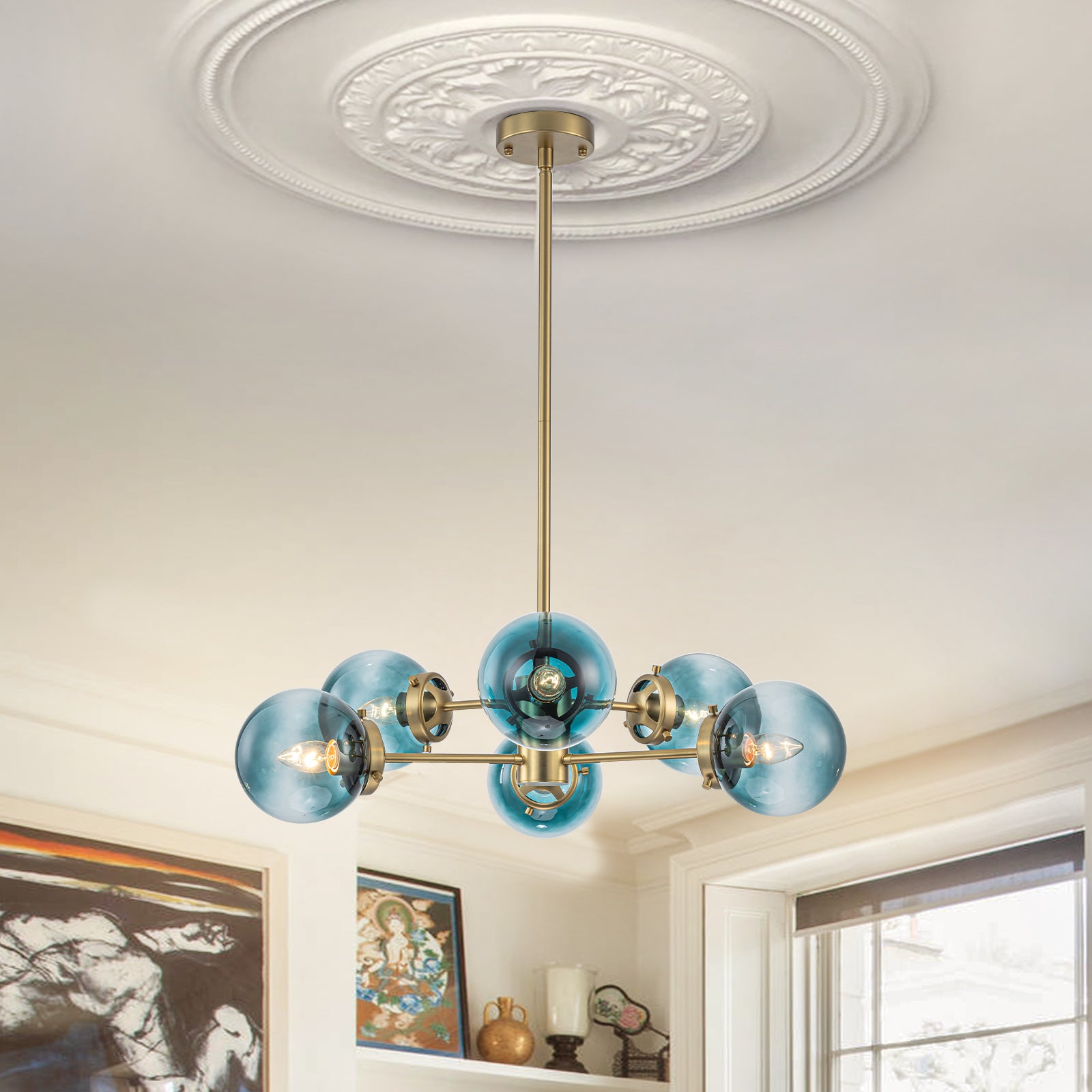 Glowlings 6/8-flammiger moderner großer linearer Sputnik-Kronleuchter aus Messing mit Farbverlauf und blauem Glas/halbbündige Montage