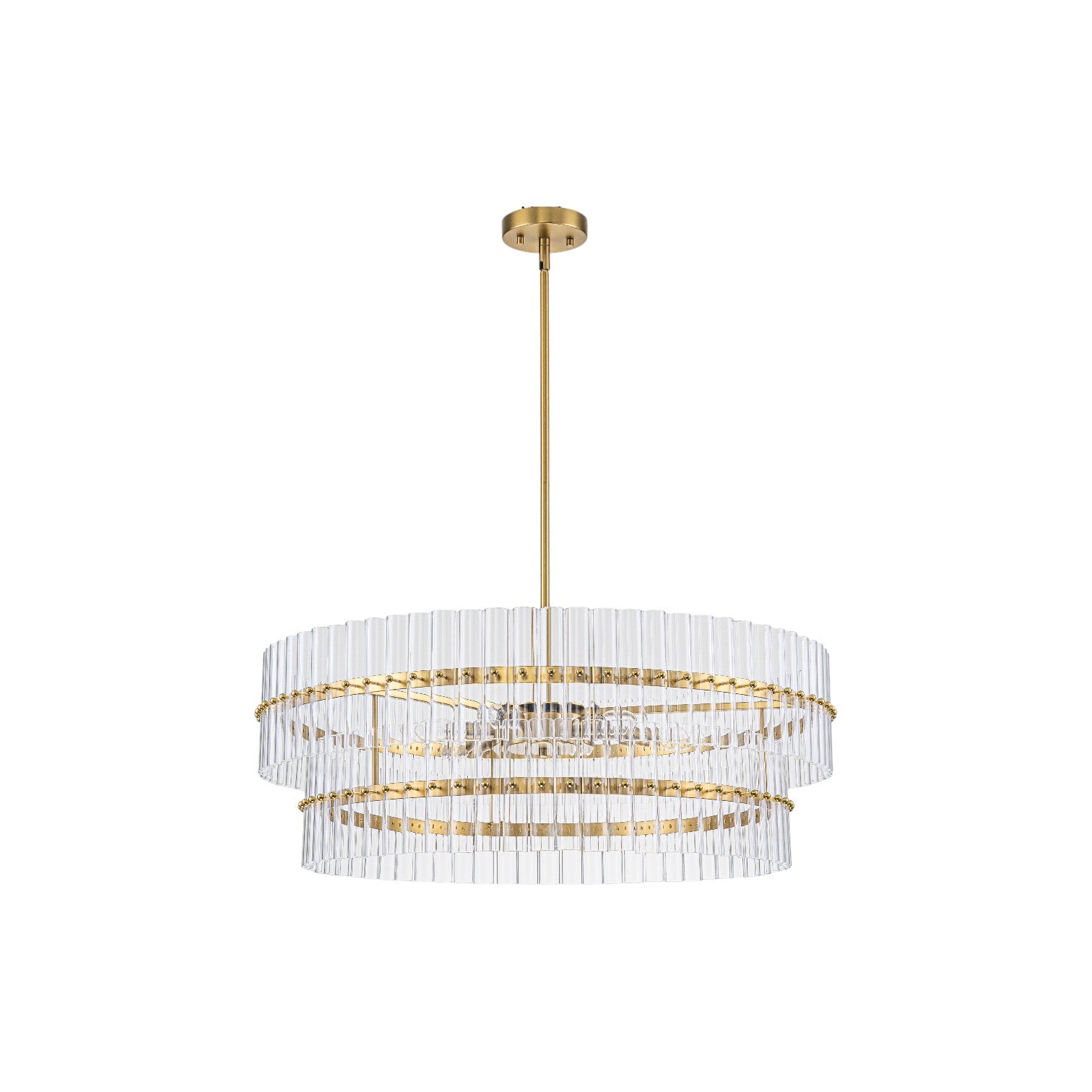 Glowlings 6-Light Modern 30"Wide Large Brass Tiered Glass Rod Chandelier 2-Tier Round Ceiling Light Fixture
