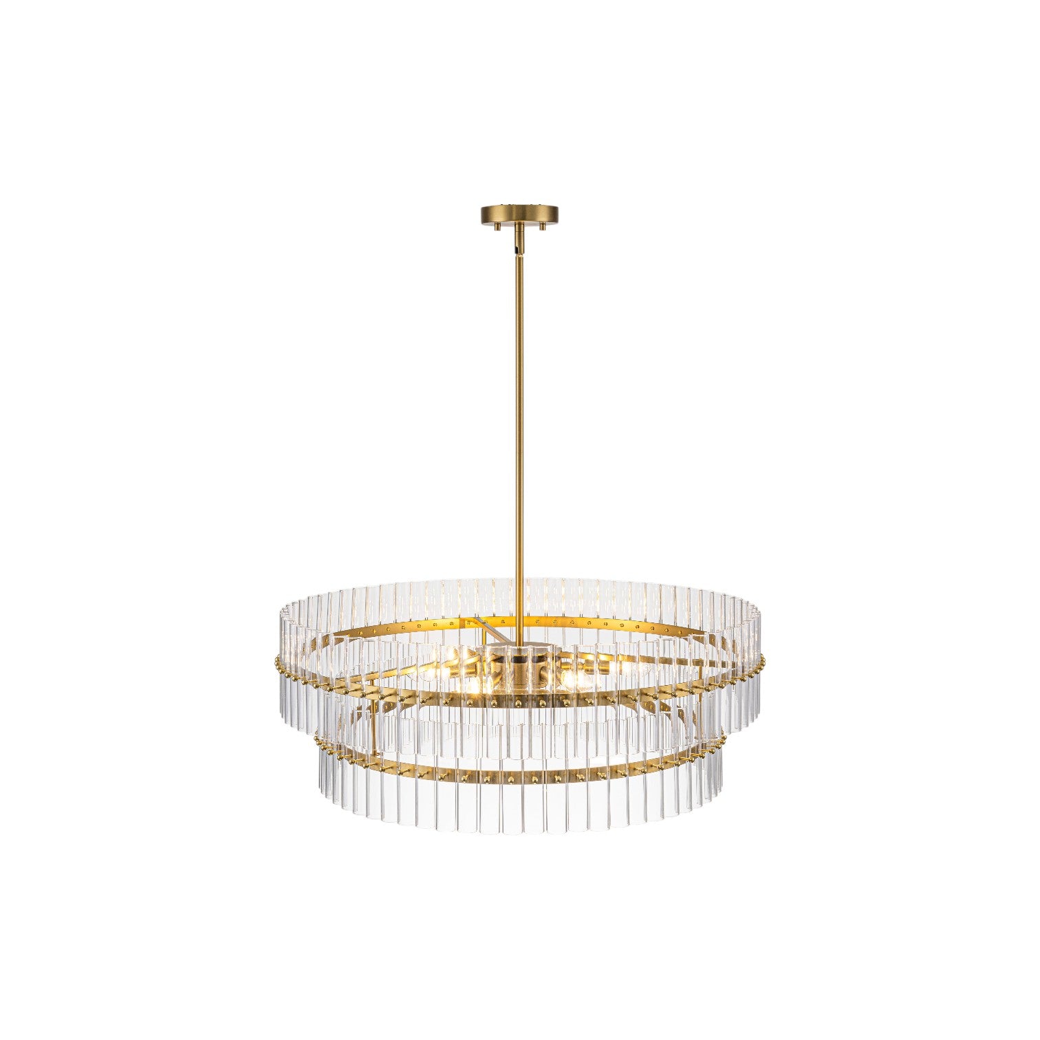 Glowlings 6-Light Modern 30"Wide Large Brass Tiered Glass Rod Chandelier 2-Tier Round Ceiling Light Fixture