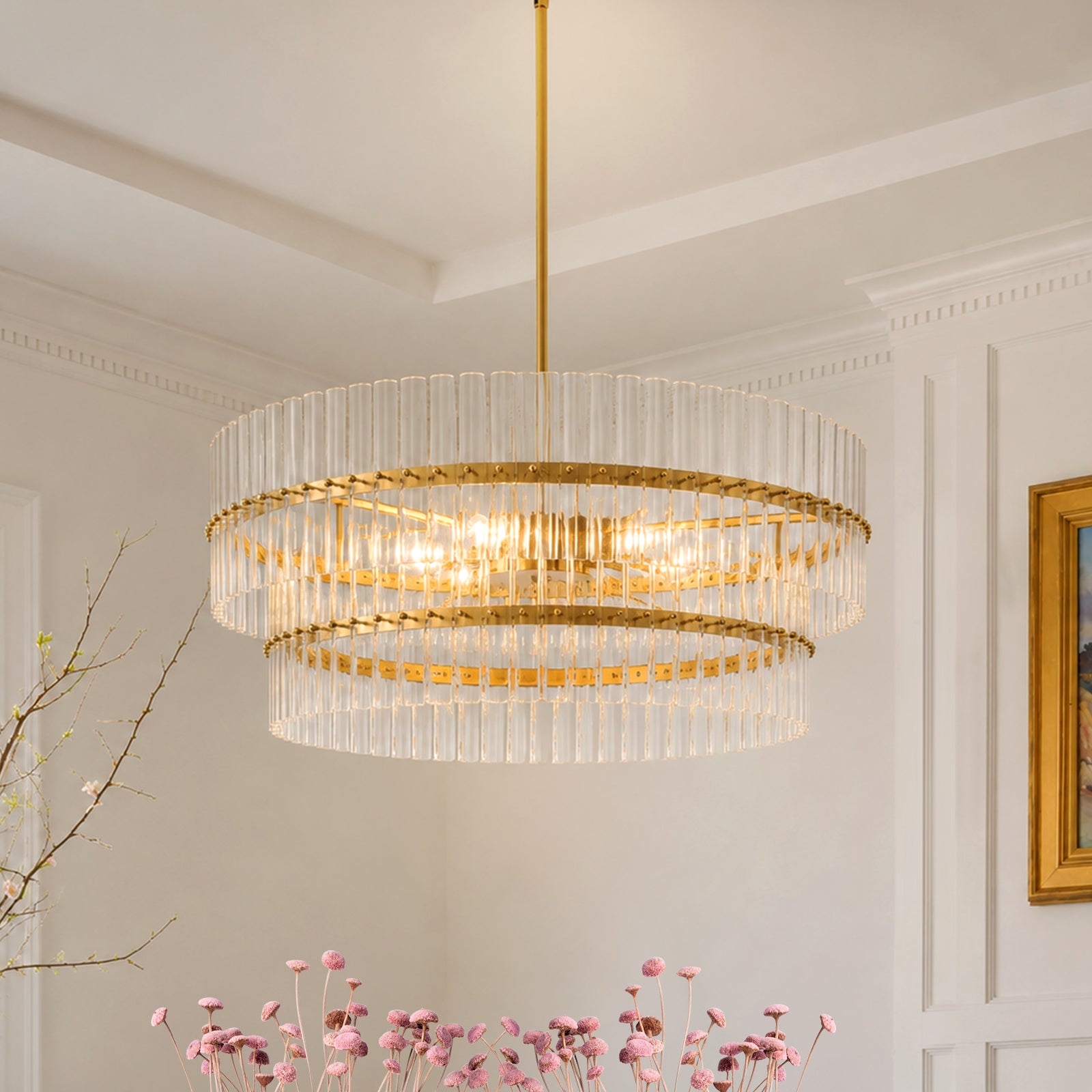 Glowlings 6-Light Modern 30"Wide Large Brass Tiered Glass Rod Chandelier 2-Tier Round Ceiling Light Fixture