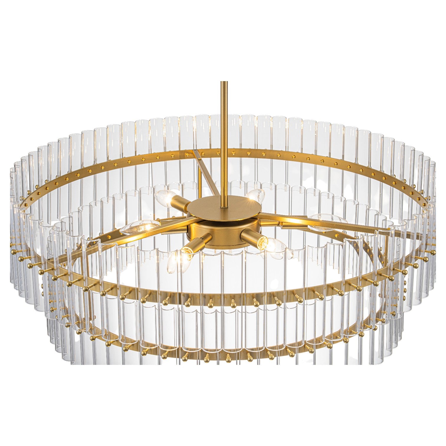Glowlings 6-Light Modern 30"Wide Large Brass Tiered Glass Rod Chandelier 2-Tier Round Ceiling Light Fixture