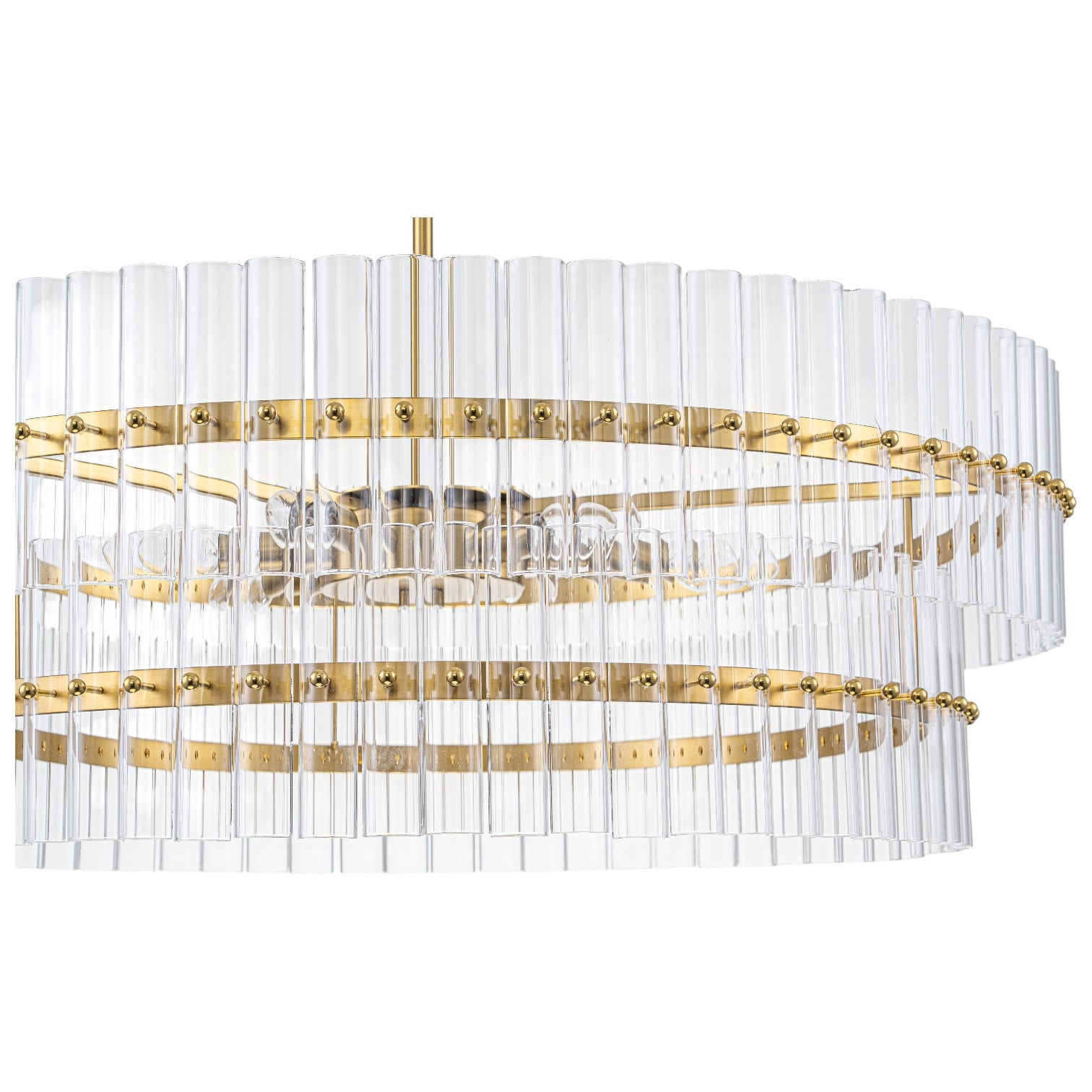 Glowlings 6-Light Modern 30"Wide Large Brass Tiered Glass Rod Chandelier 2-Tier Round Ceiling Light Fixture