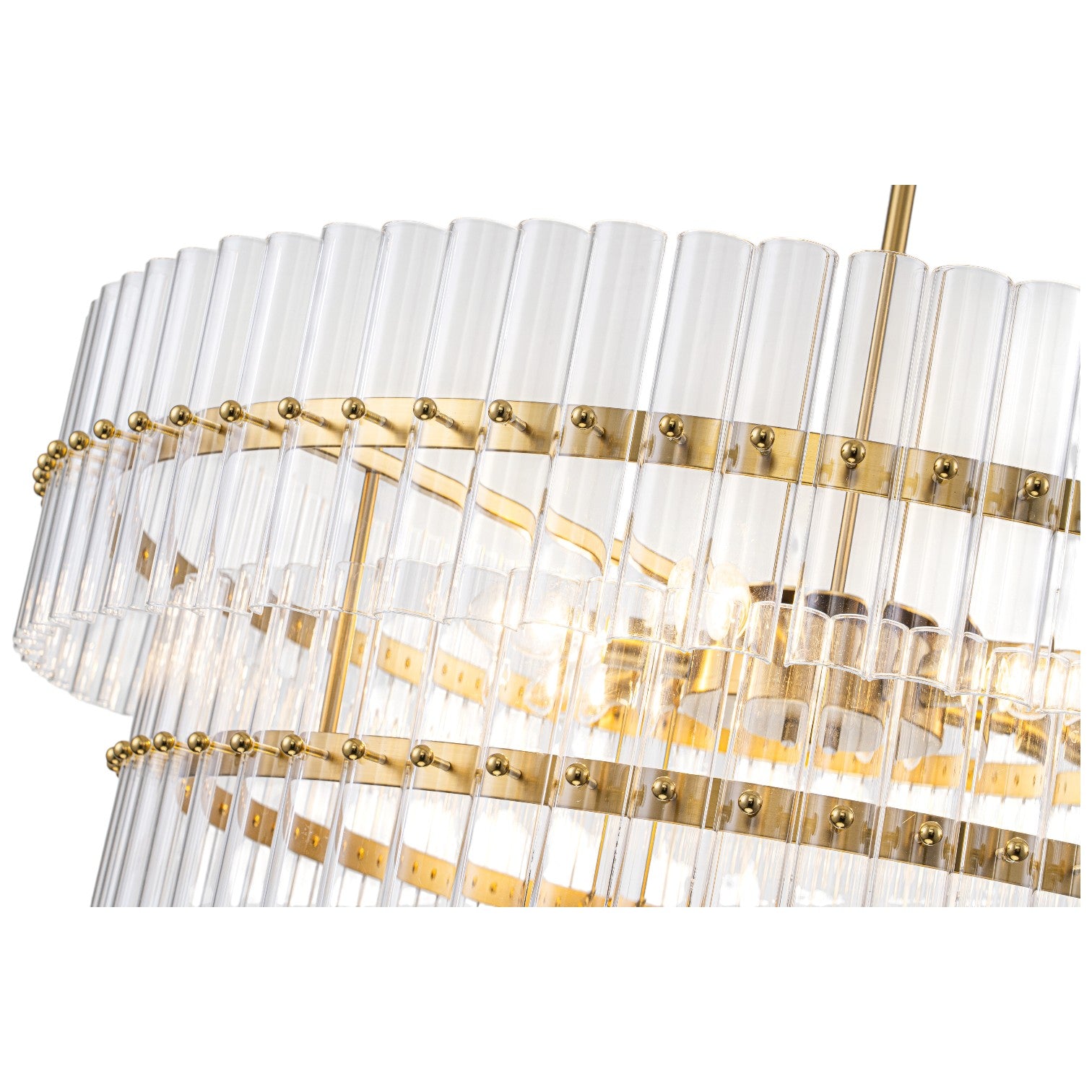 Glowlings 6-Light Modern 30"Wide Large Brass Tiered Glass Rod Chandelier 2-Tier Round Ceiling Light Fixture