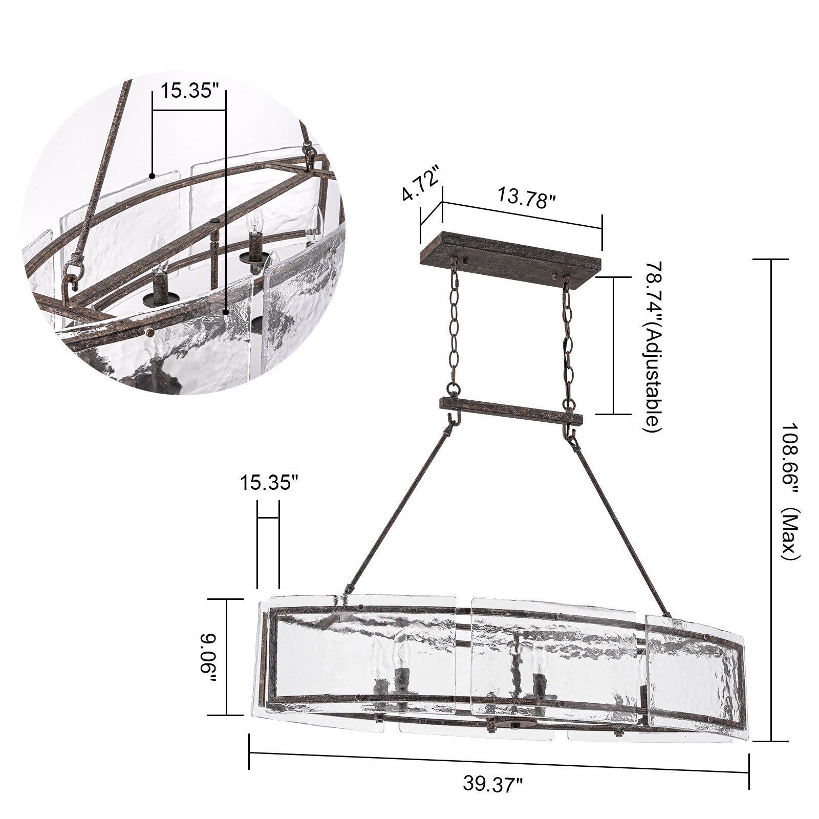 Glowlings 6-flammiger moderner 39" breiter großer linearer Kronleuchter mit Wasserwellenmuster aus klarem Glas