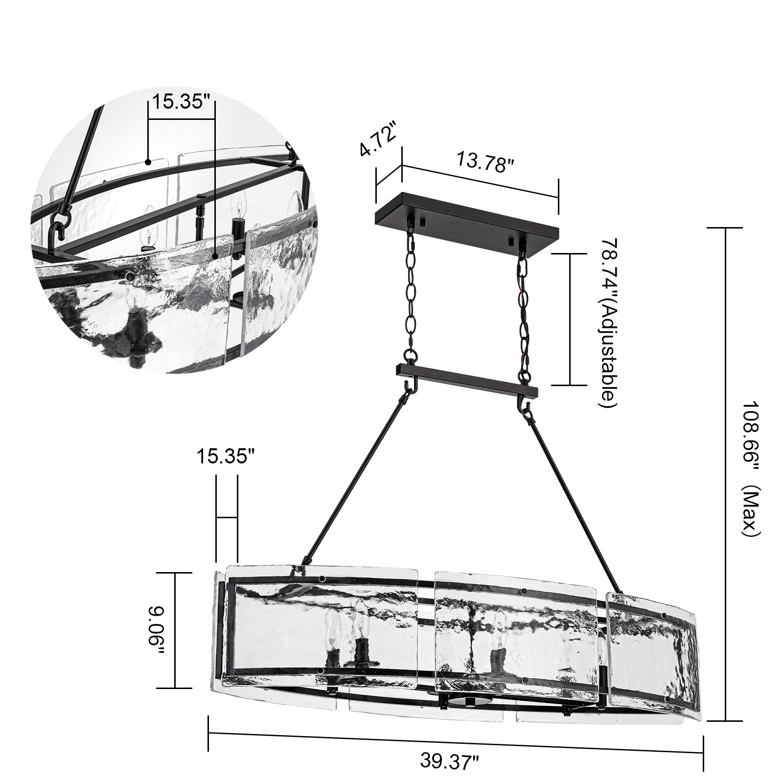Glowlings 6-flammiger moderner 39" breiter großer linearer Kronleuchter mit Wasserwellenmuster aus klarem Glas