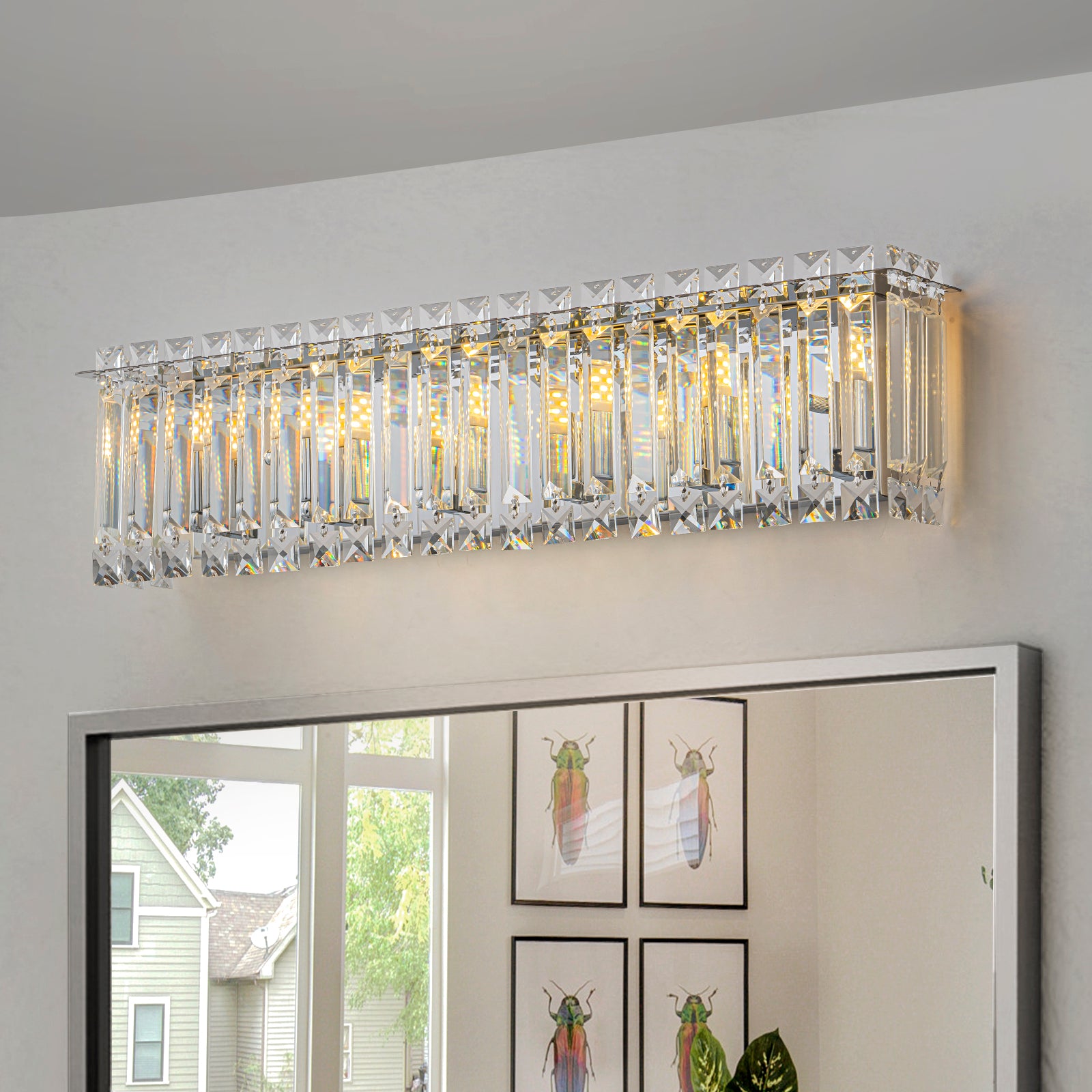 Glowlings 6-flammige, moderne, 58,4 cm breite, lineare Badezimmer-Waschtischleuchte aus Chromkristall