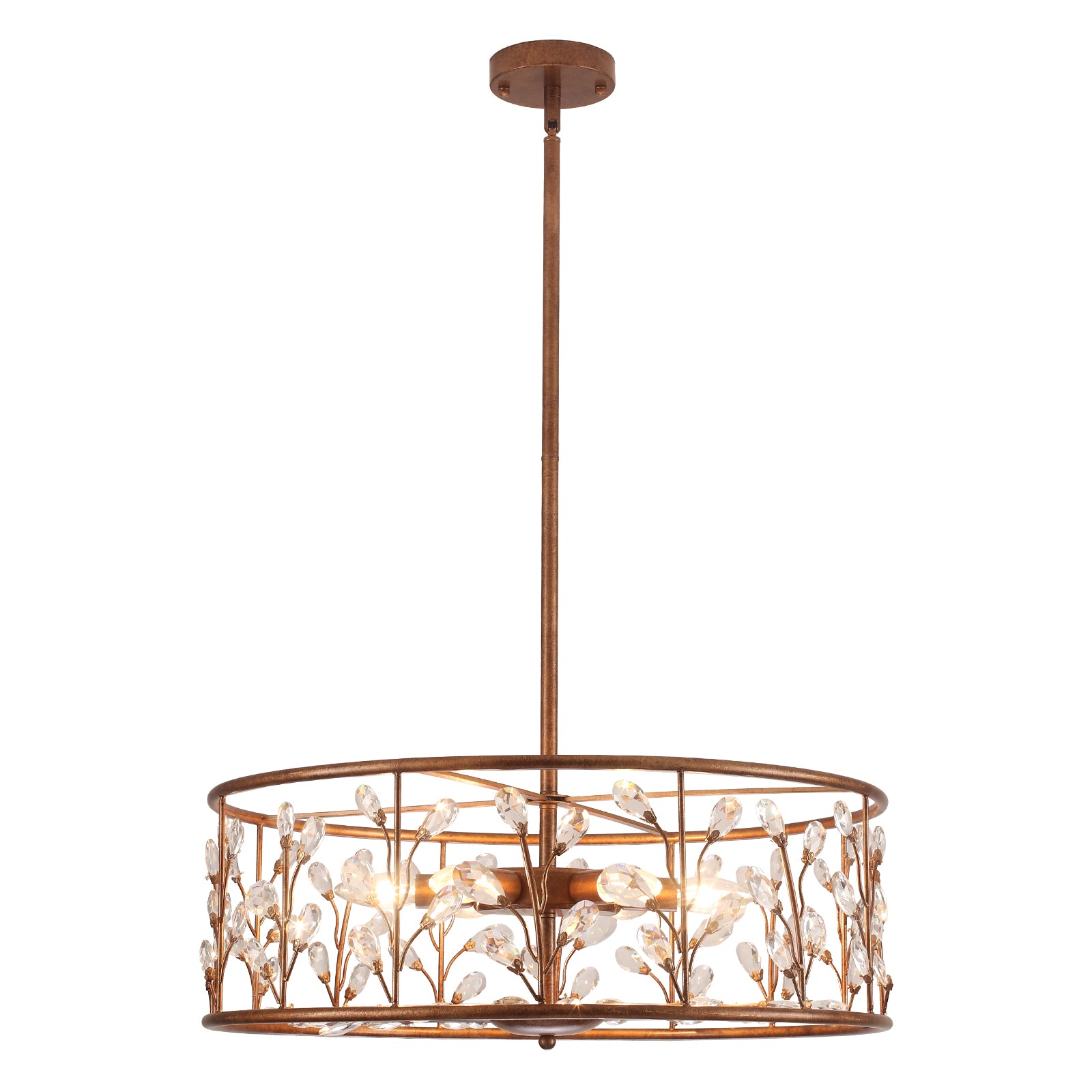Glowlings 6-flammiger Vintage-Kronleuchter mit 61 cm breitem, rostfarbenem Zweig und Kristall