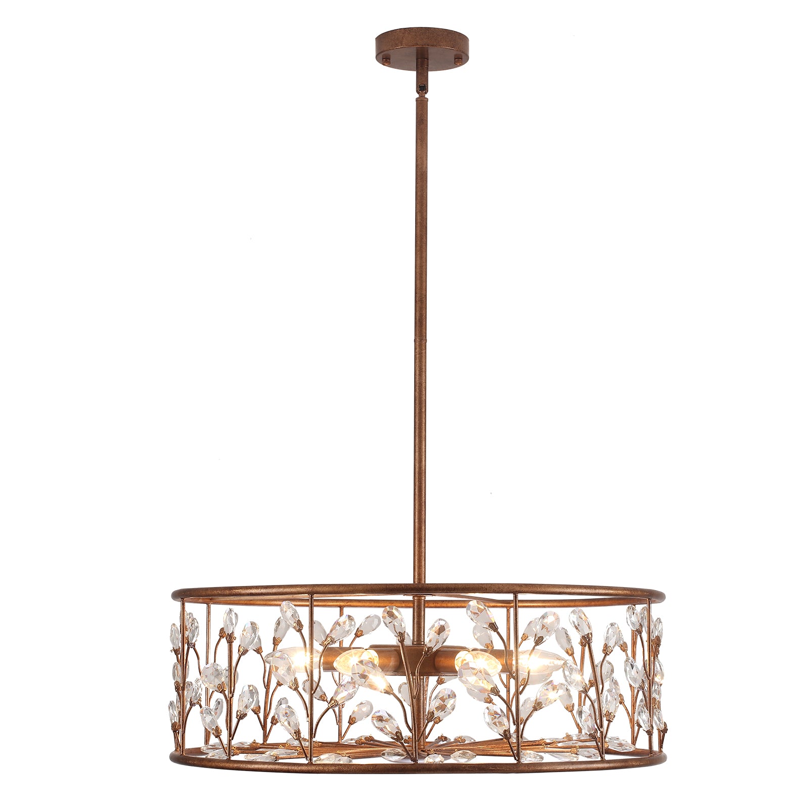 Glowlings 6-flammiger Vintage-Kronleuchter mit 61 cm breitem, rostfarbenem Zweig und Kristall