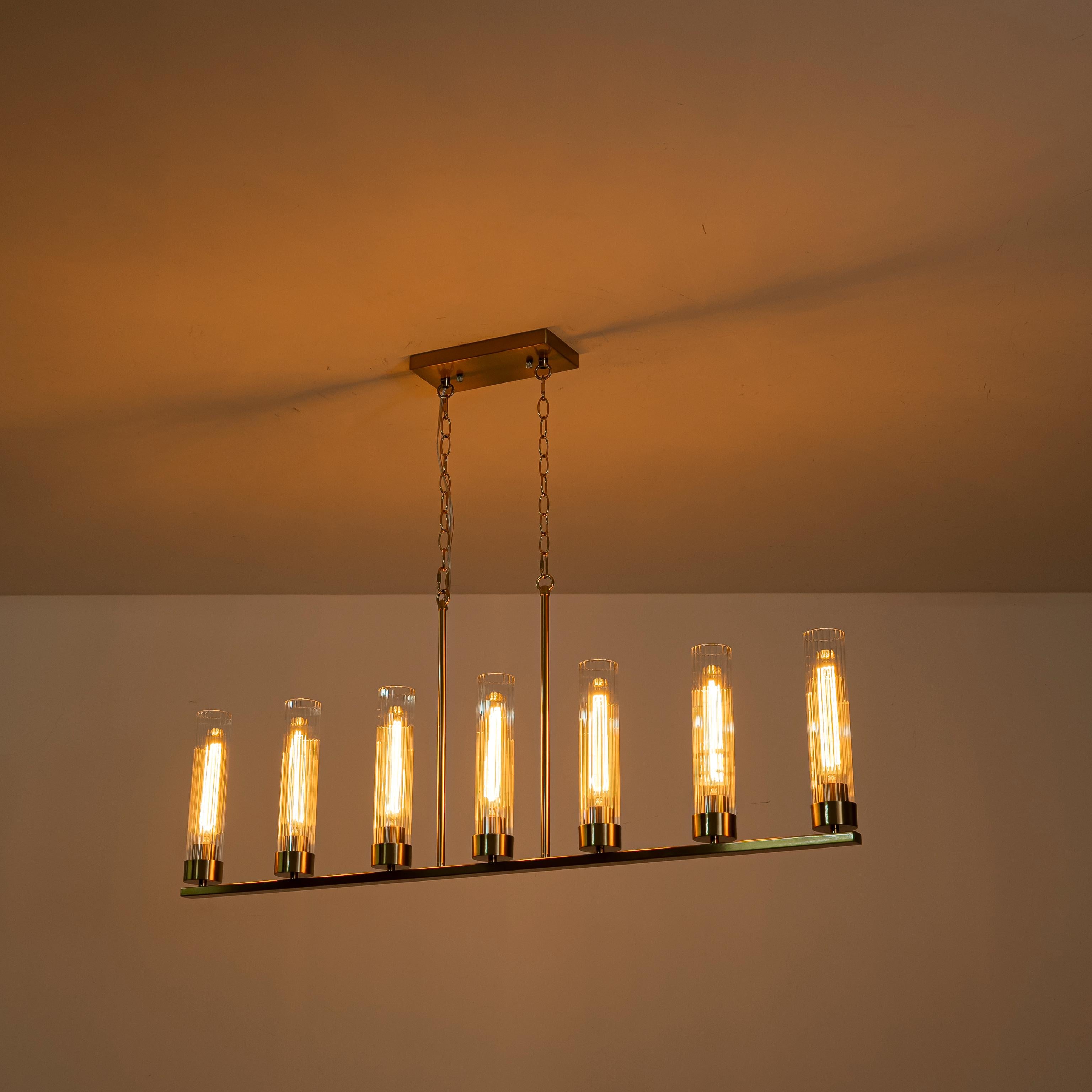 Glowlings 7-Light Modern 45"Wide Large Brass Linear Clear Ribbed Glass Chandelier