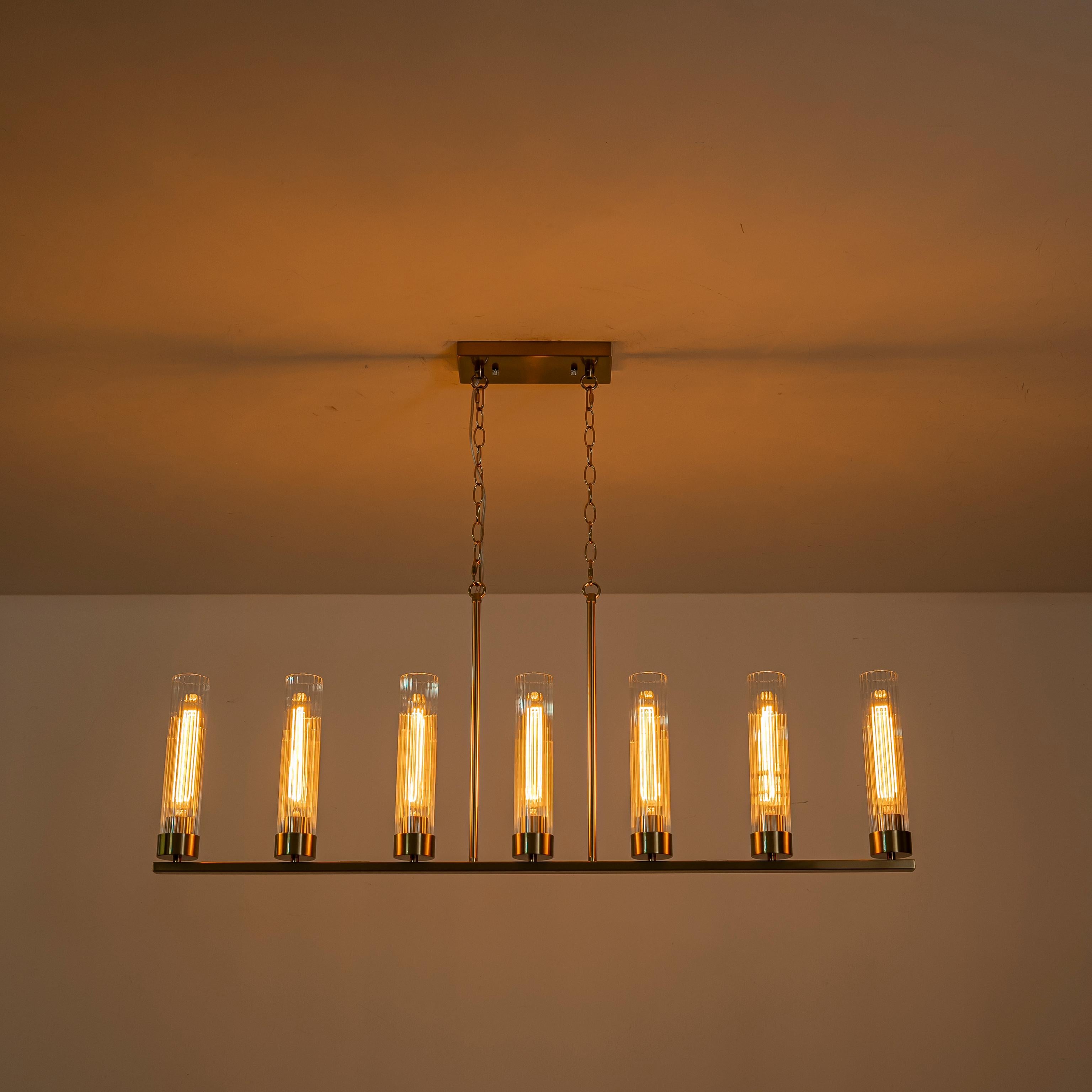 Glowlings 7-Light Modern 45"Wide Large Brass Linear Clear Ribbed Glass Chandelier