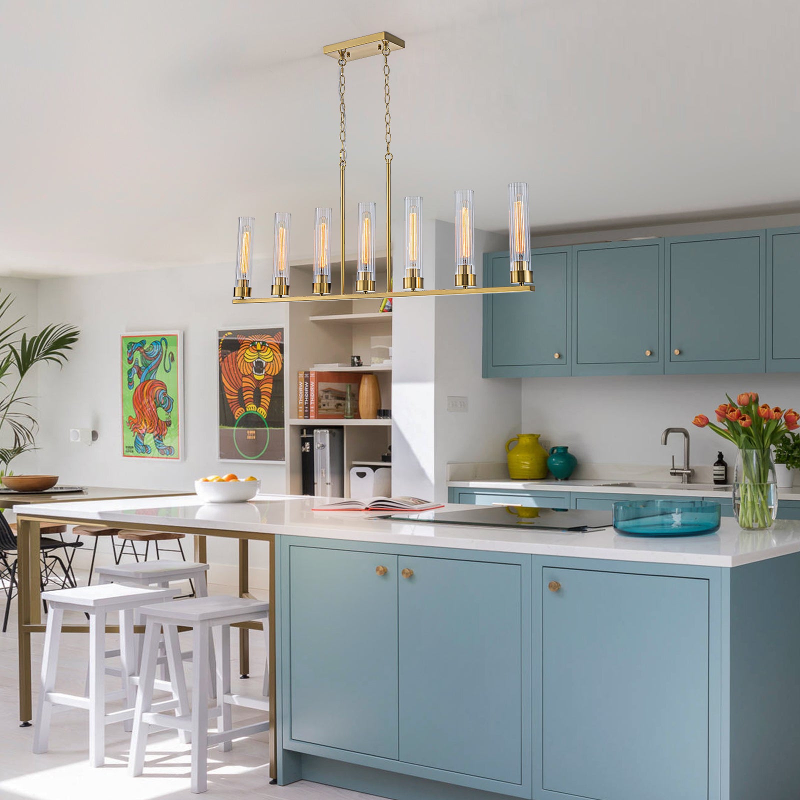 Glowlings 7-Light Modern 45"Wide Large Brass Linear Clear Ribbed Glass Chandelier