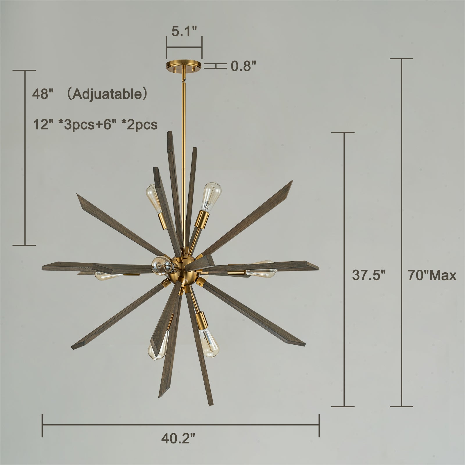 Glowings 8-flammiger Mid-Century-Kronleuchter aus Holz mit Waldorf-Sputnik-Kugel, 40 Zoll breit