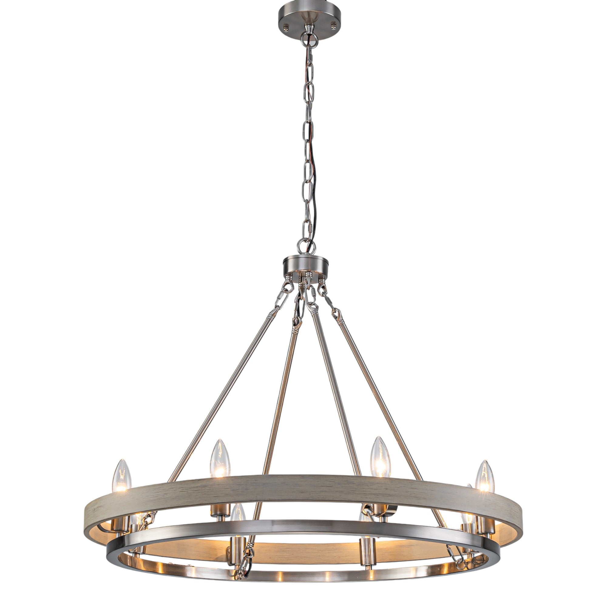Glowlings 8-Light Farmhouse 29"Wide Ring Nickel Wooden Candelabra Chandelier