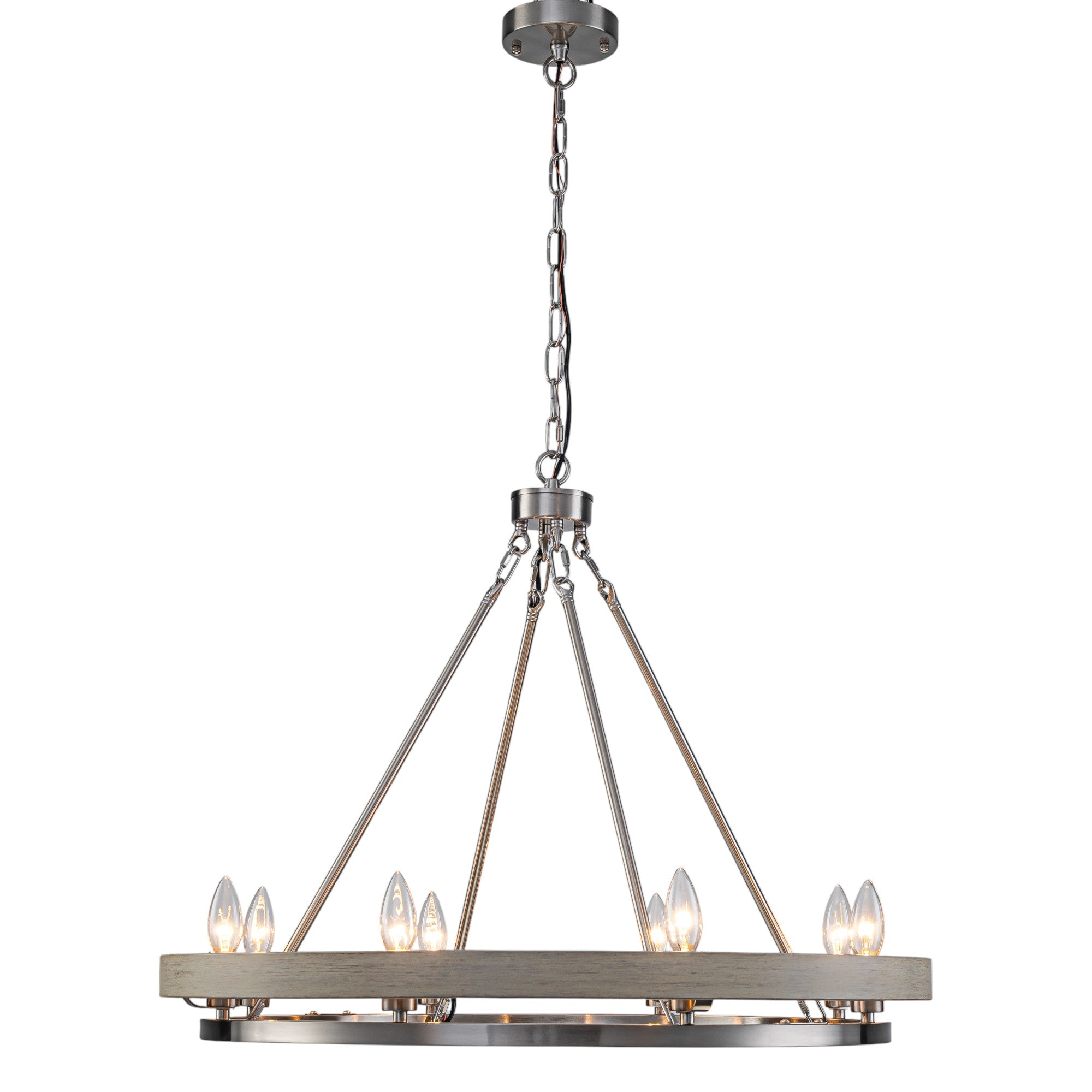 Glowlings 8-Light Farmhouse 29"Wide Ring Nickel Wooden Candelabra Chandelier