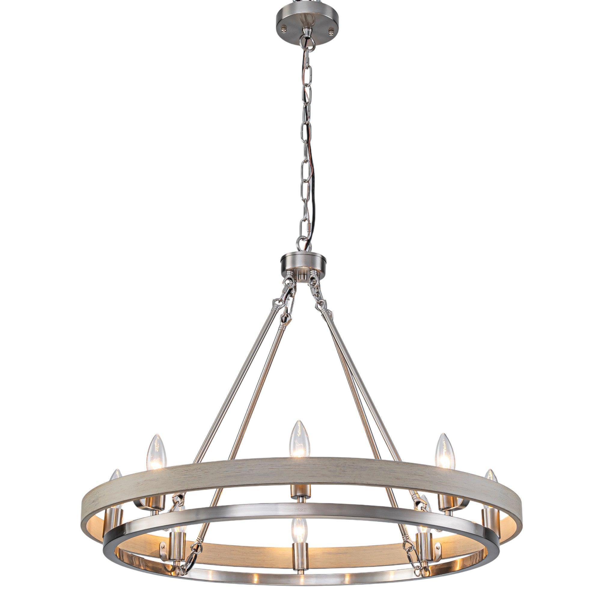 Glowlings 8-Light Farmhouse 29"Wide Ring Nickel Wooden Candelabra Chandelier