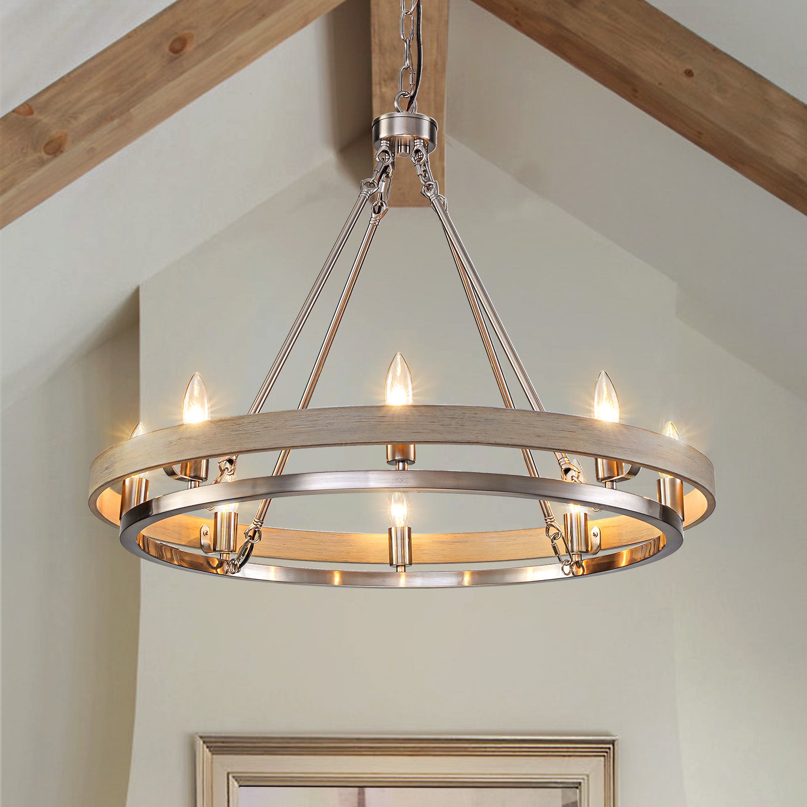 Glowlings 8-Light Farmhouse 29"Wide Ring Nickel Wooden Candelabra Chandelier