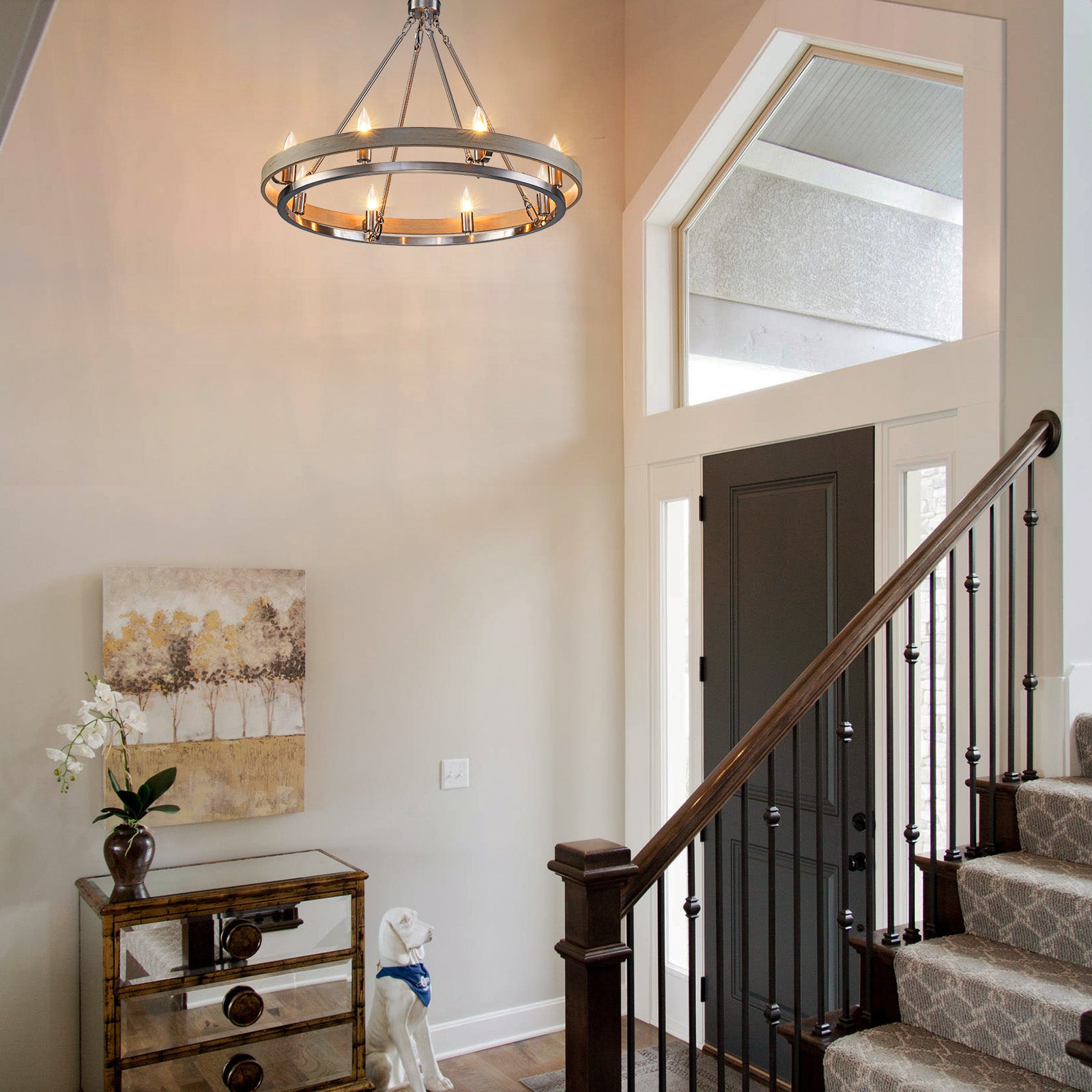 Glowlings 8-Light Farmhouse 29"Wide Ring Nickel Wooden Candelabra Chandelier