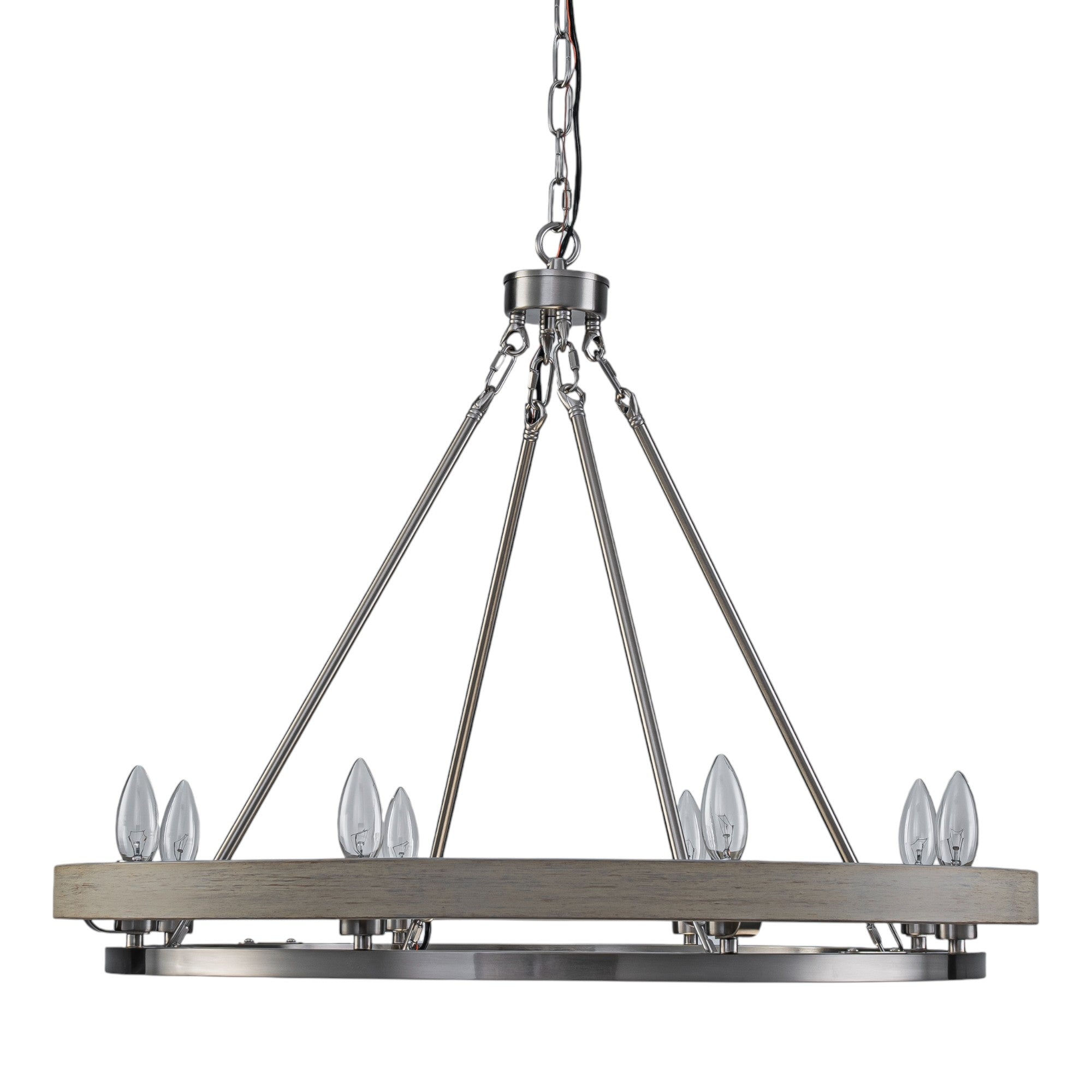 Glowlings 8-Light Farmhouse 29"Wide Ring Nickel Wooden Candelabra Chandelier