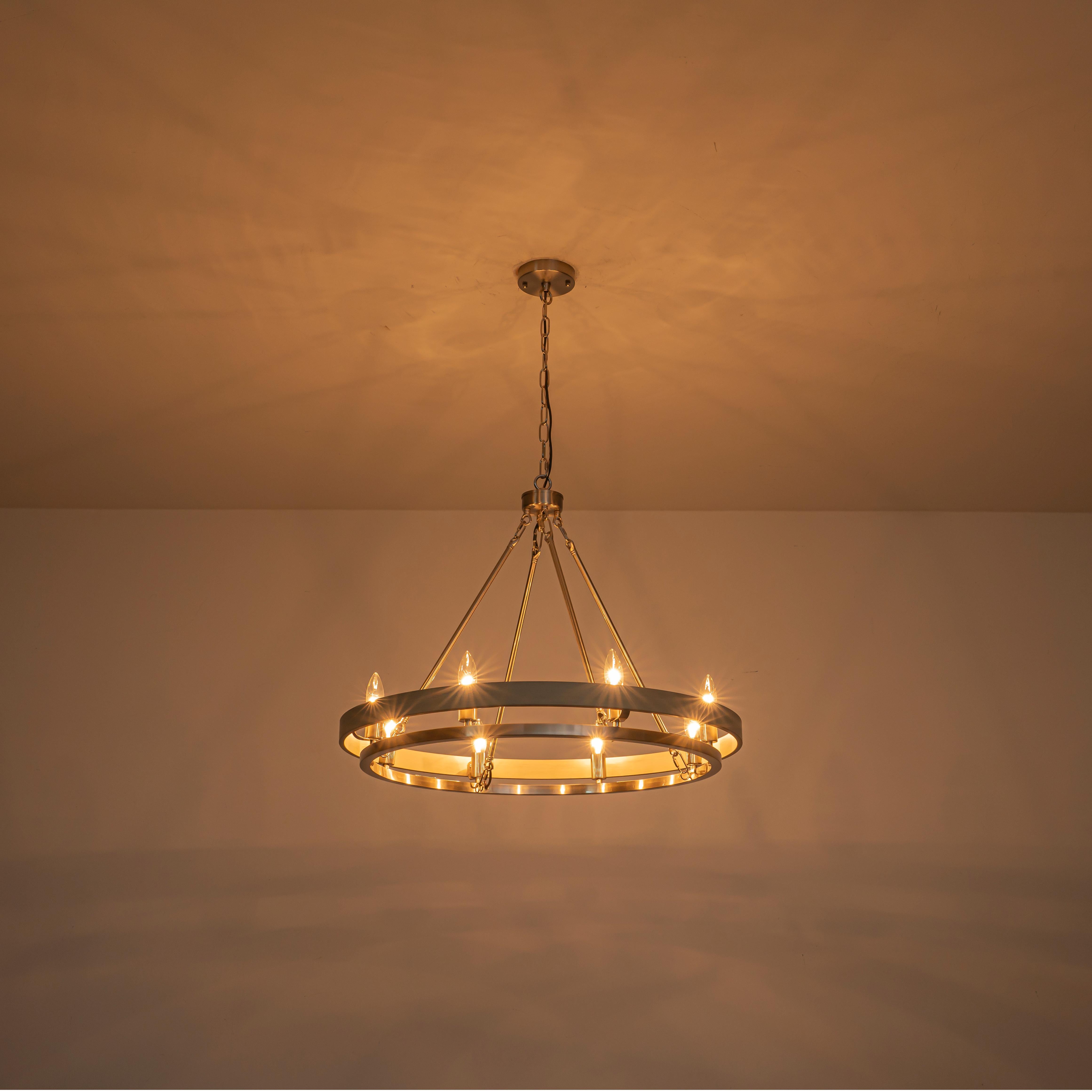 Glowlings 8-Light Farmhouse 29"Wide Ring Nickel Wooden Candelabra Chandelier