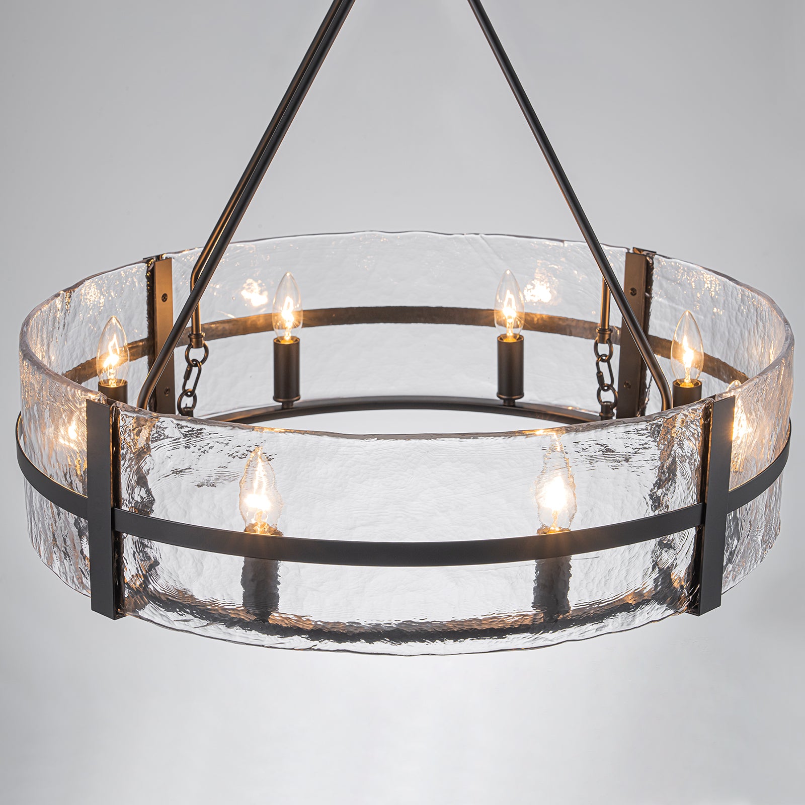 Glowlings 8-flammiger moderner, 28" breiter, großer, runder Trommel-Kronleuchter aus klarem Glas