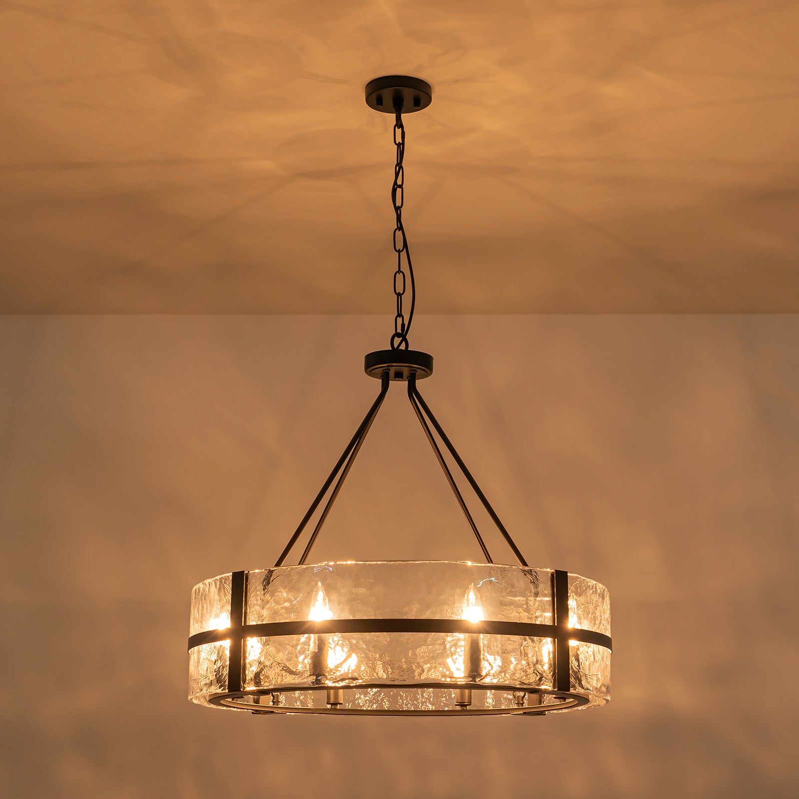 Glowlings 8-flammiger moderner, 28" breiter, großer, runder Trommel-Kronleuchter aus klarem Glas